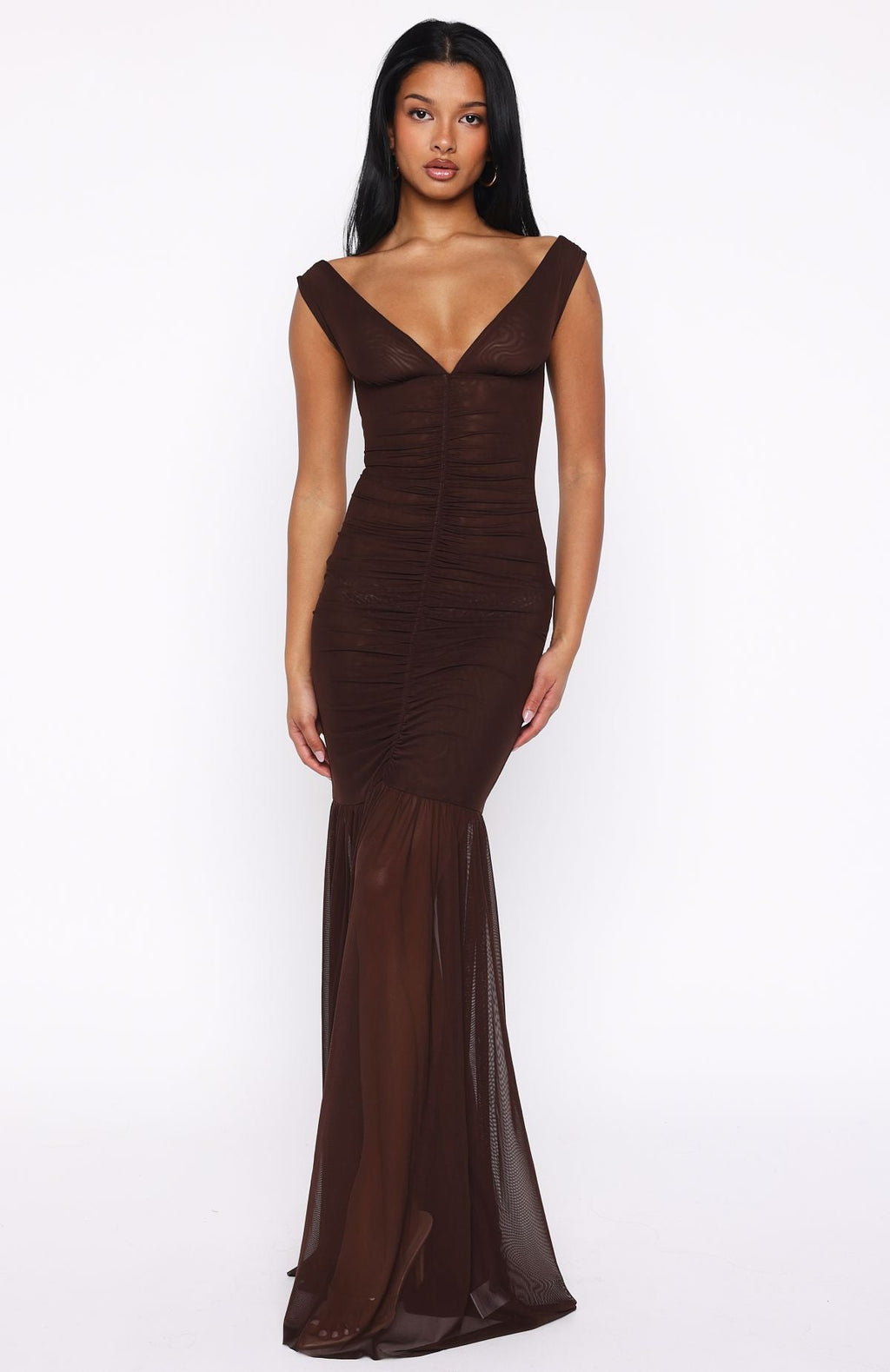 White Fox Just A Peak Mesh Maxi Dress Chocolate