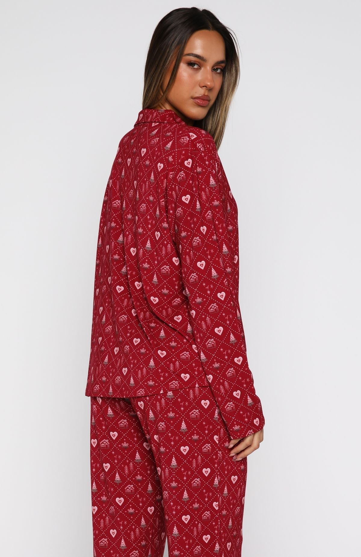 White Fox Pillow Talk Printed Long Sleeve Pyjama Set Cherry Noel