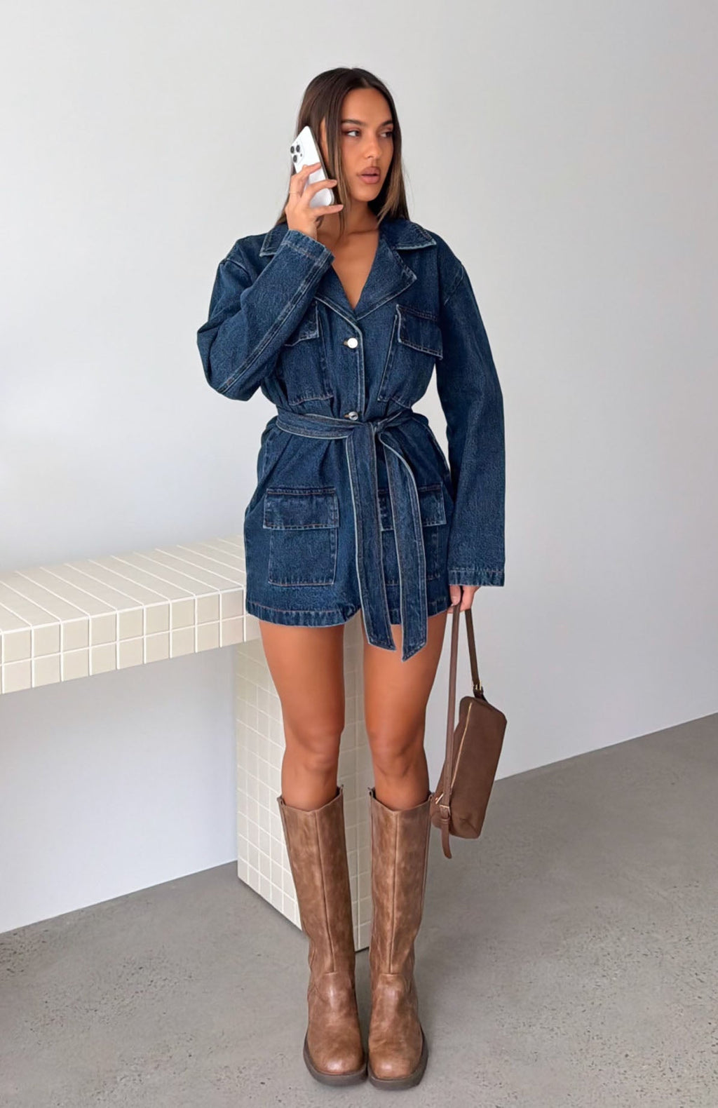 White Fox Freefall Romance Long Sleeve Denim Dress Dark Blue