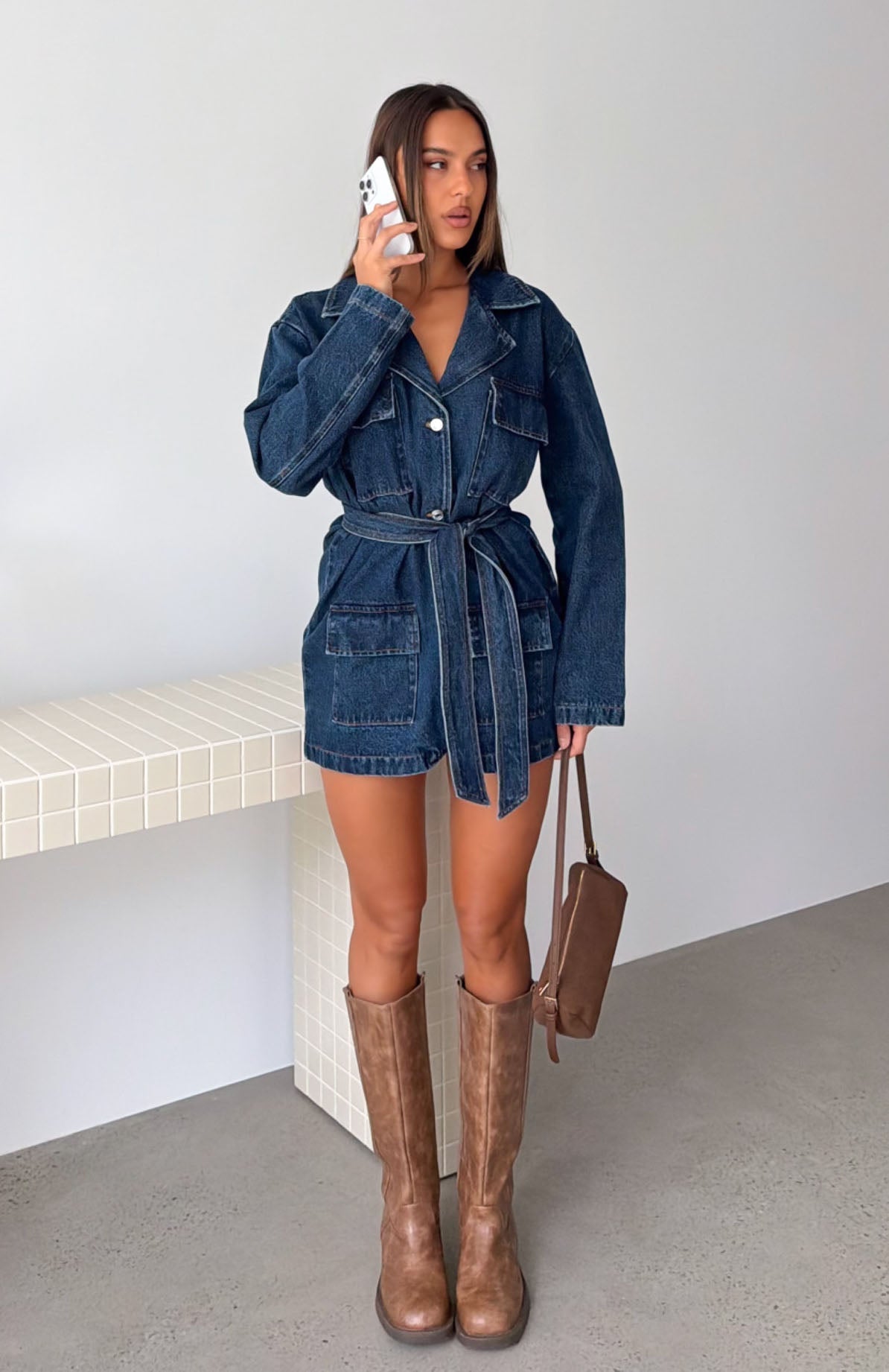 White Fox Freefall Romance Long Sleeve Denim Dress Dark Blue