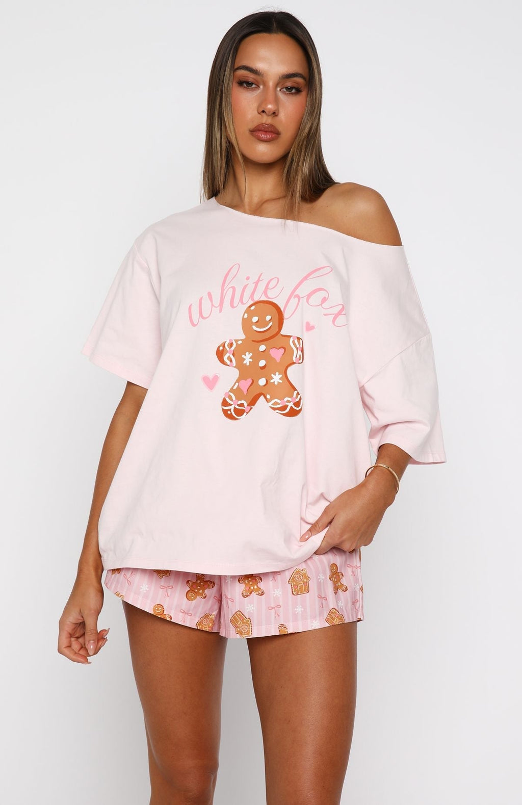 White Fox Sweetheart Pyjama Off Shoulder Tee Soft Pink