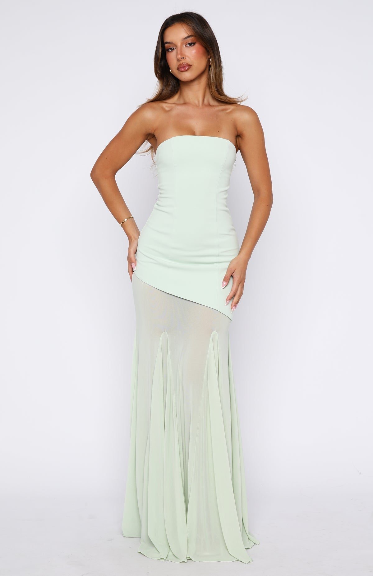 White Fox Sending My Best Strapless Maxi Dress Matcha