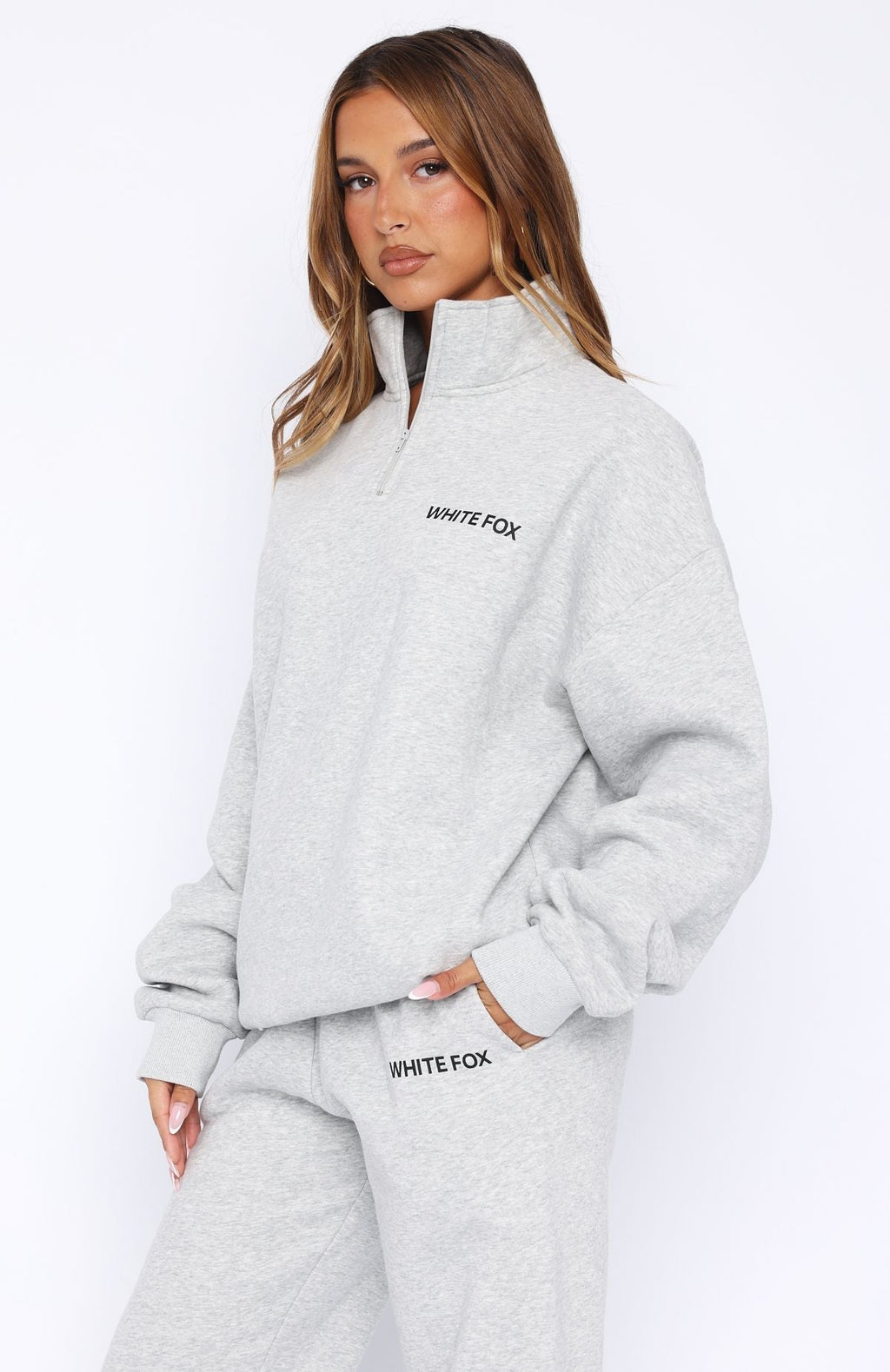 White Fox Core Classic Zip Front Sweater Dark Grey Marle