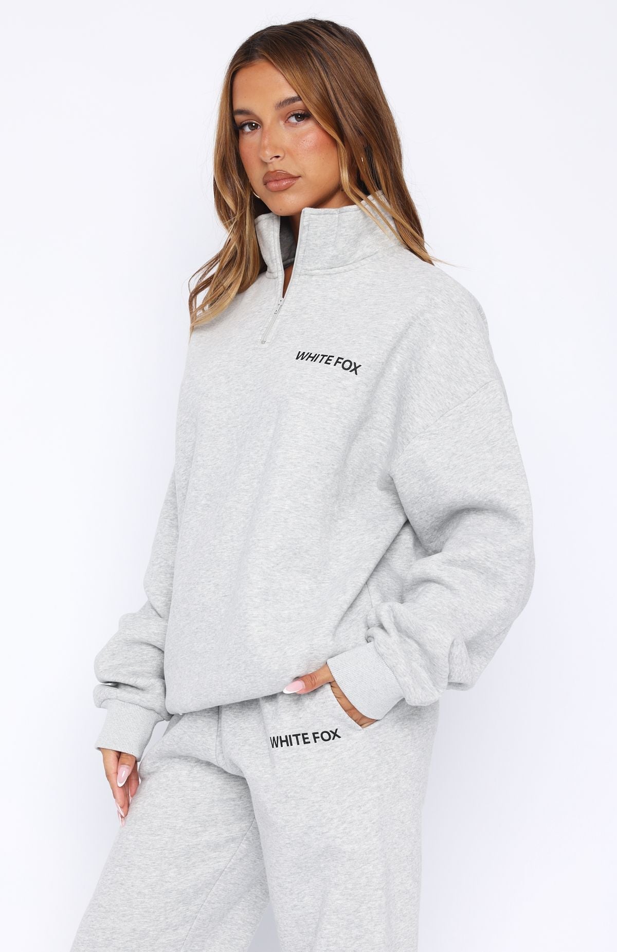 White Fox Core Classic Zip Front Sweater Dark Grey Marle