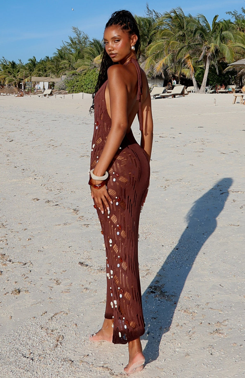 White Fox Sculpted Soul Beaded Knit Maxi Dress Chocolate
