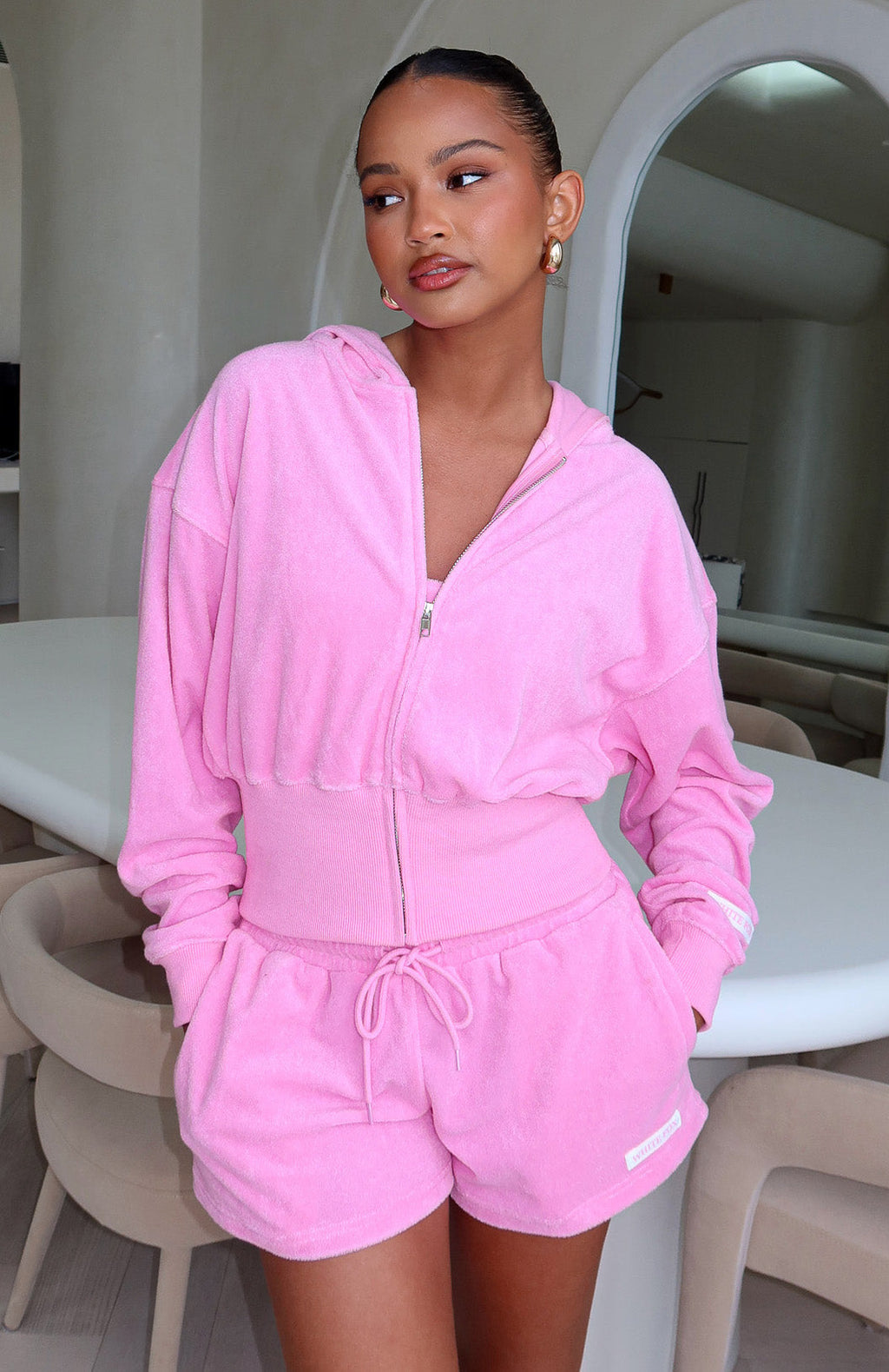 White Fox Causing Commotion Terry Cropped Cinched Zip Front Hoodie Pink