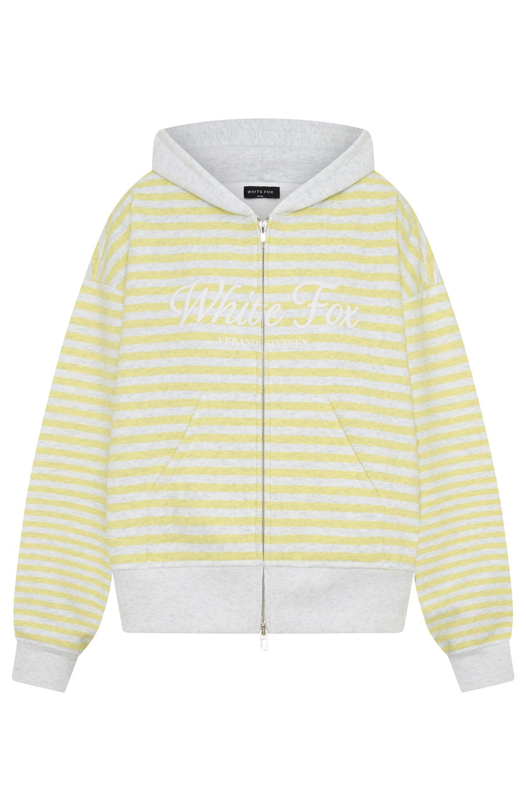 White Fox Verano Sixteen Maria Boxy Zip Front Hoodie Grey Marle/Lemon Stripe
