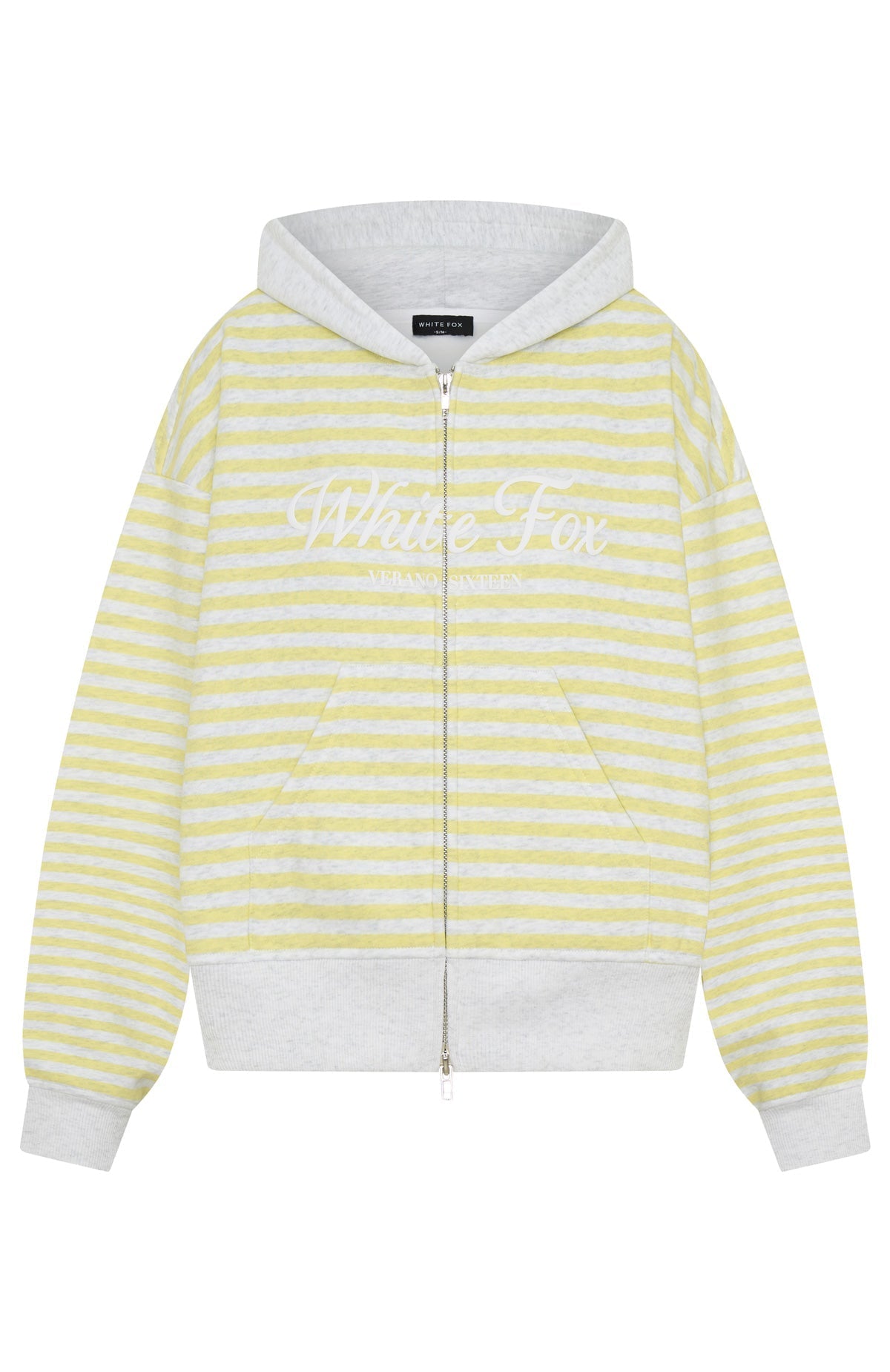 White Fox Verano Sixteen Maria Boxy Zip Front Hoodie Grey Marle/Lemon Stripe