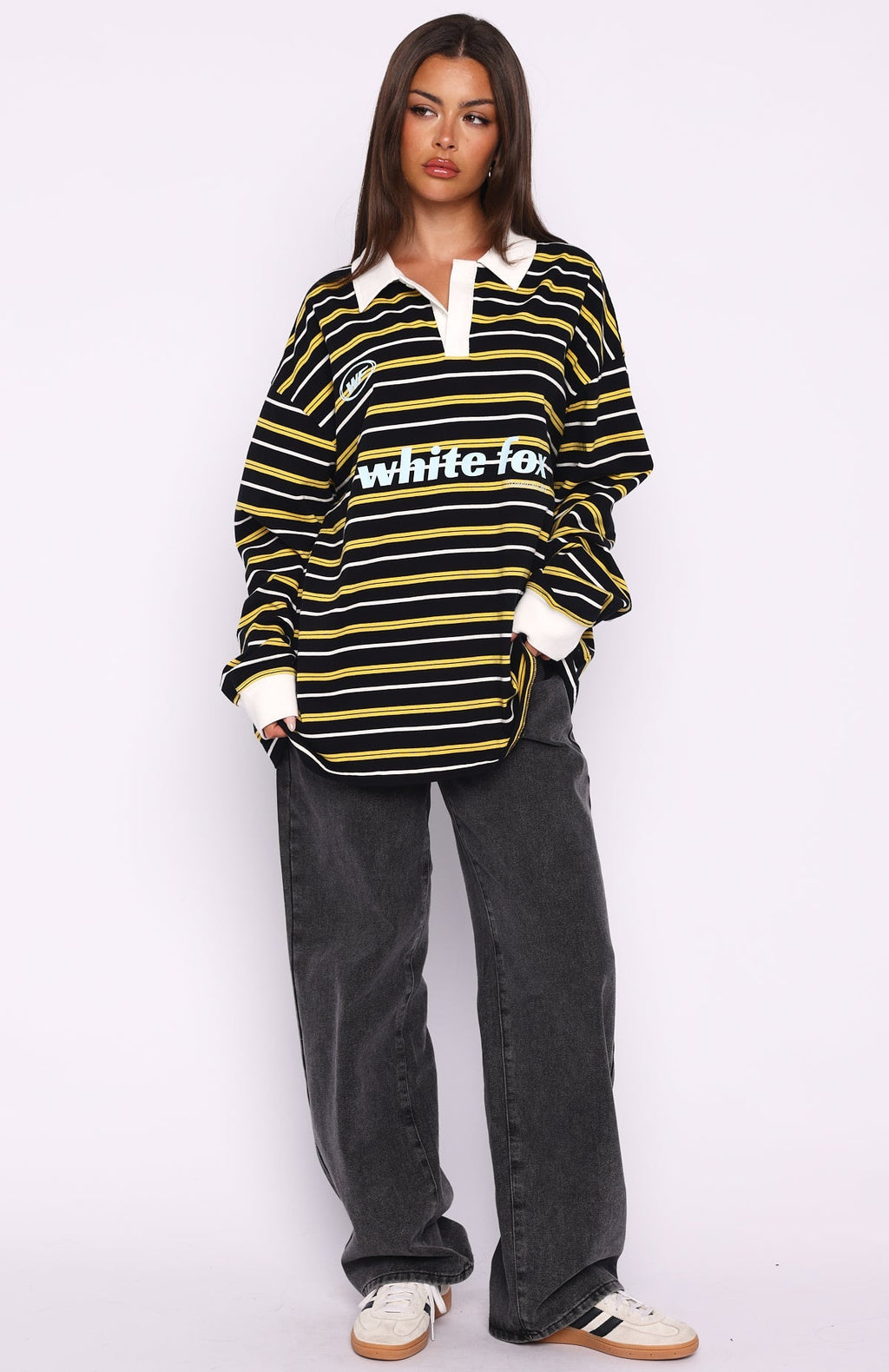 White Fox Gentle Affection Long Sleeve Rugby Shirt Black/Yellow Stripe
