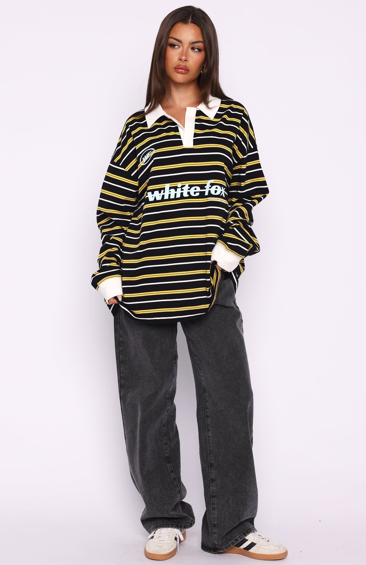 White Fox Gentle Affection Long Sleeve Rugby Shirt Black/Yellow Stripe