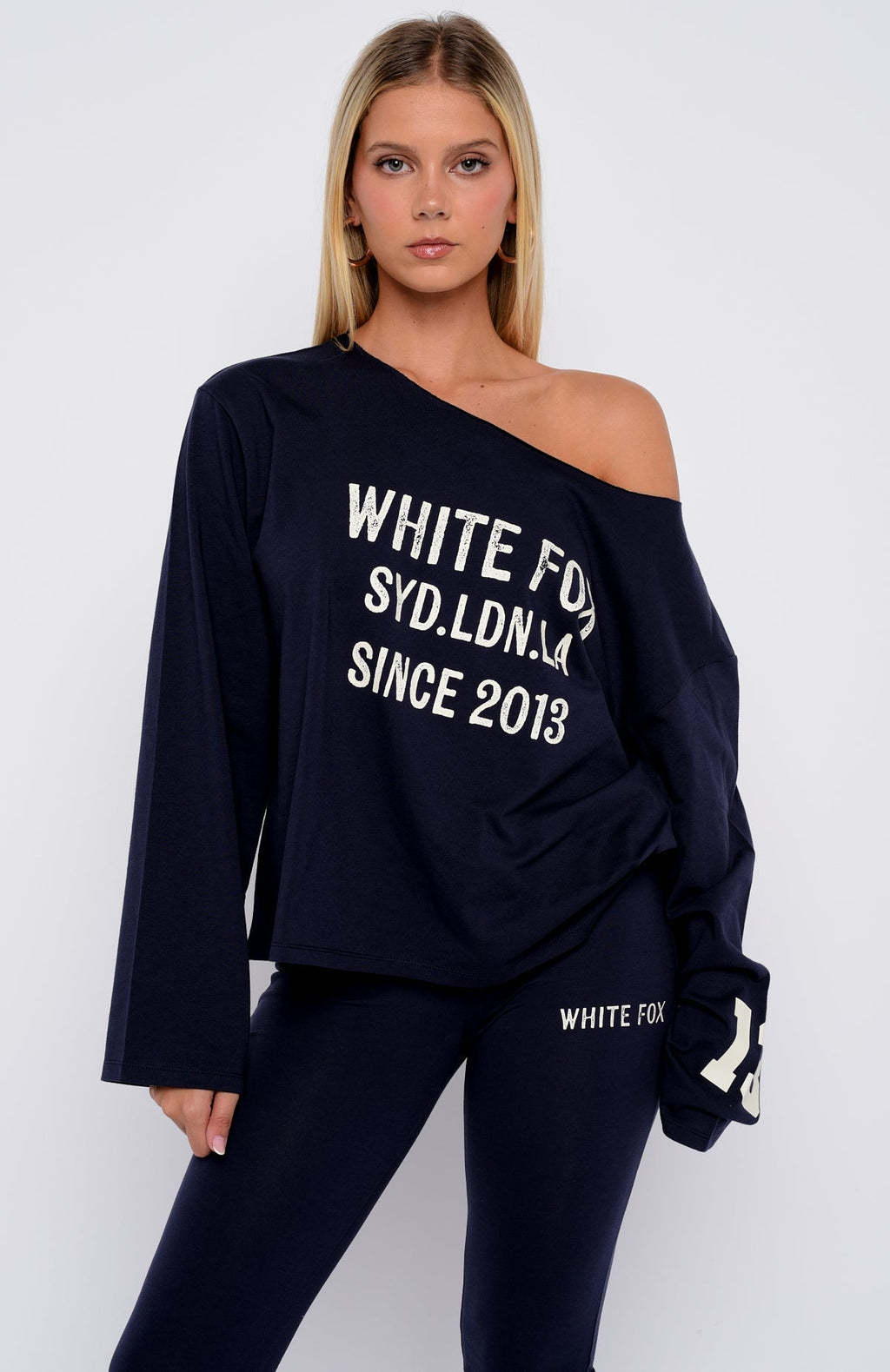White Fox Topic Of Discussion Off Shoulder Oversized Long Sleeve Tee Navy