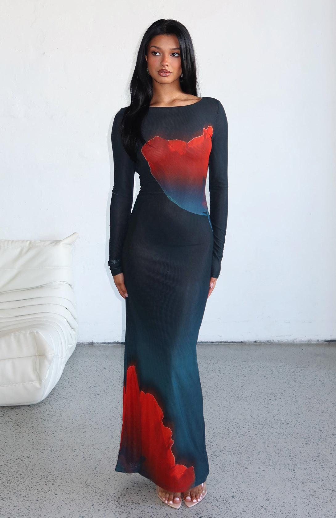 White Fox No Halo Long Sleeve Maxi Dress Midnight Scarlet