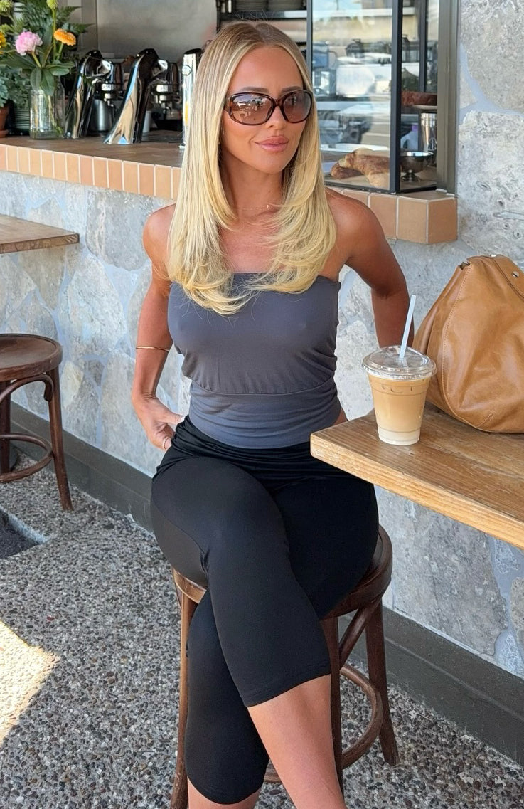 White Fox Don't Talk Cinched Waist Strapless Top Charcoal