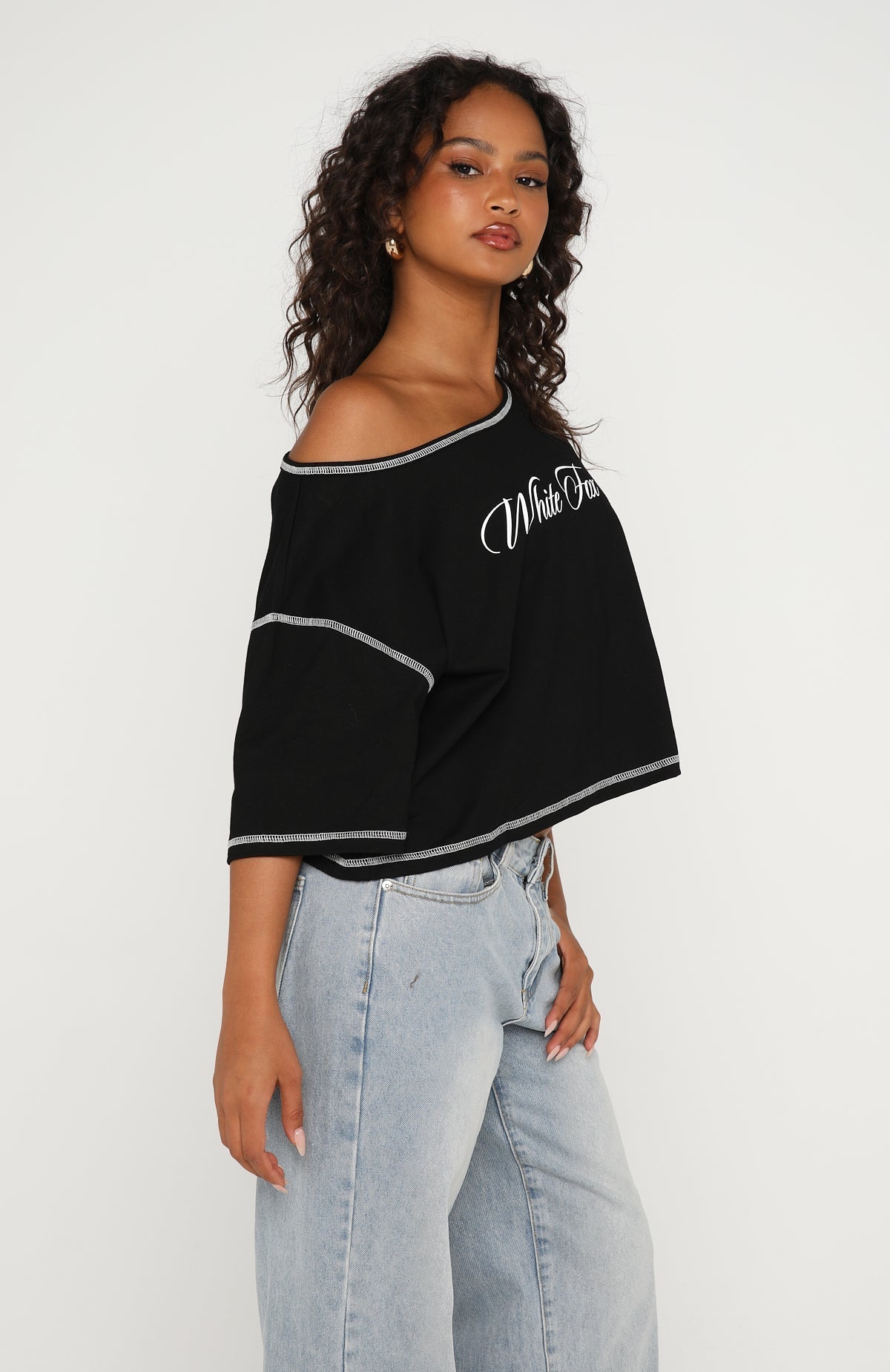 White Fox Need More Time Off Shoulder Oversized Tee Black