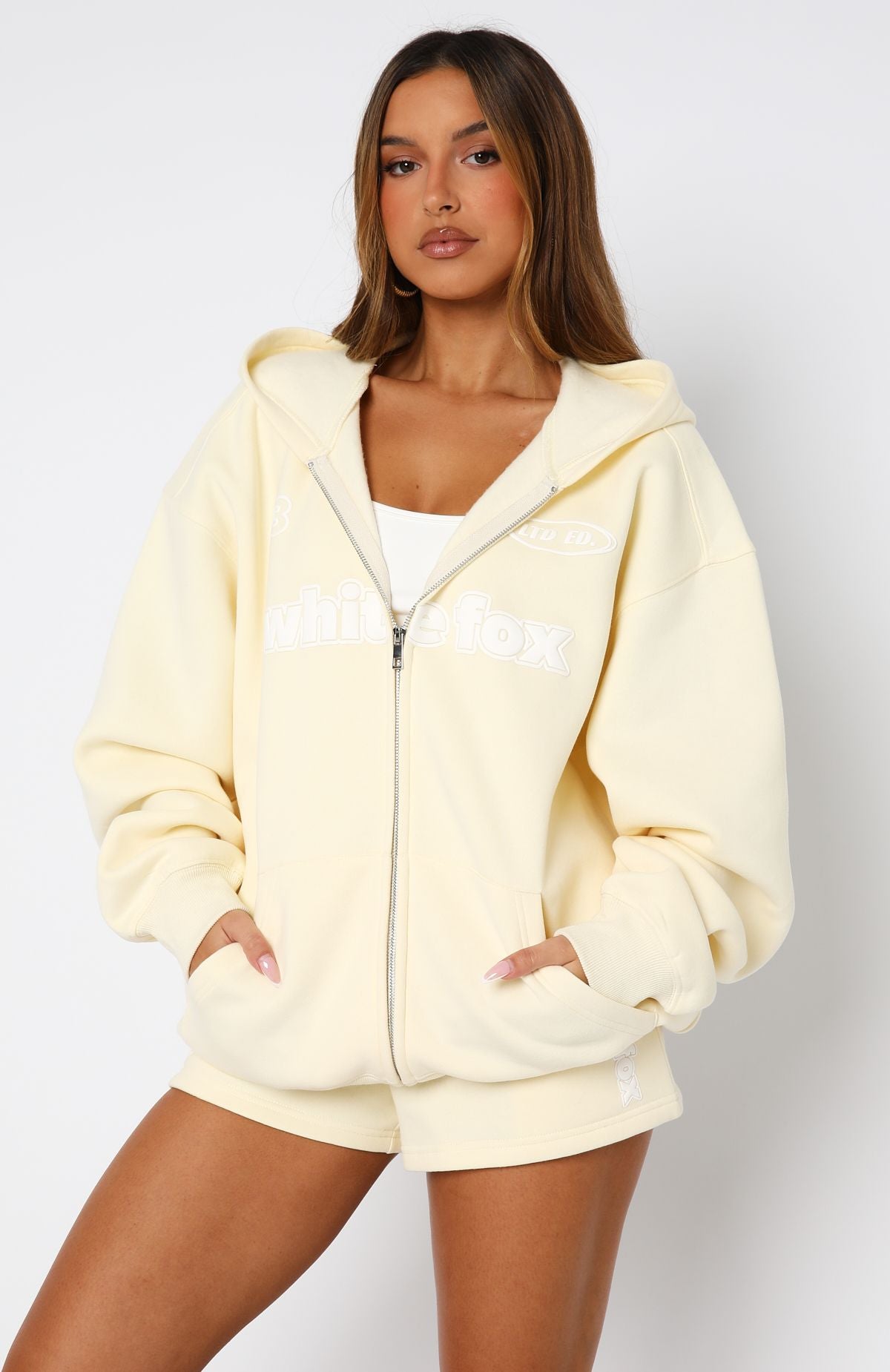 White Fox Ready To Go Zip Front Hoodie Lemon