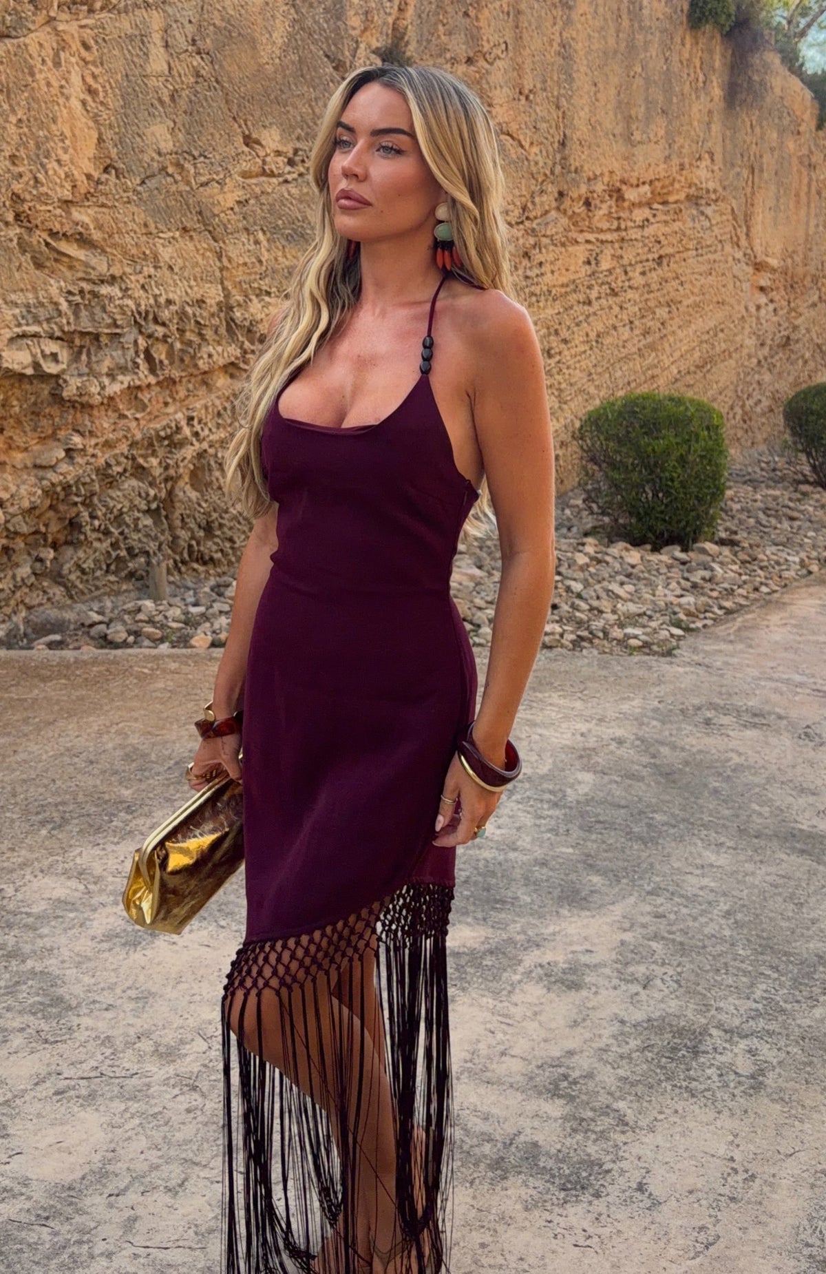 White Fox Tangled Romance Fringe Midi Dress Plum