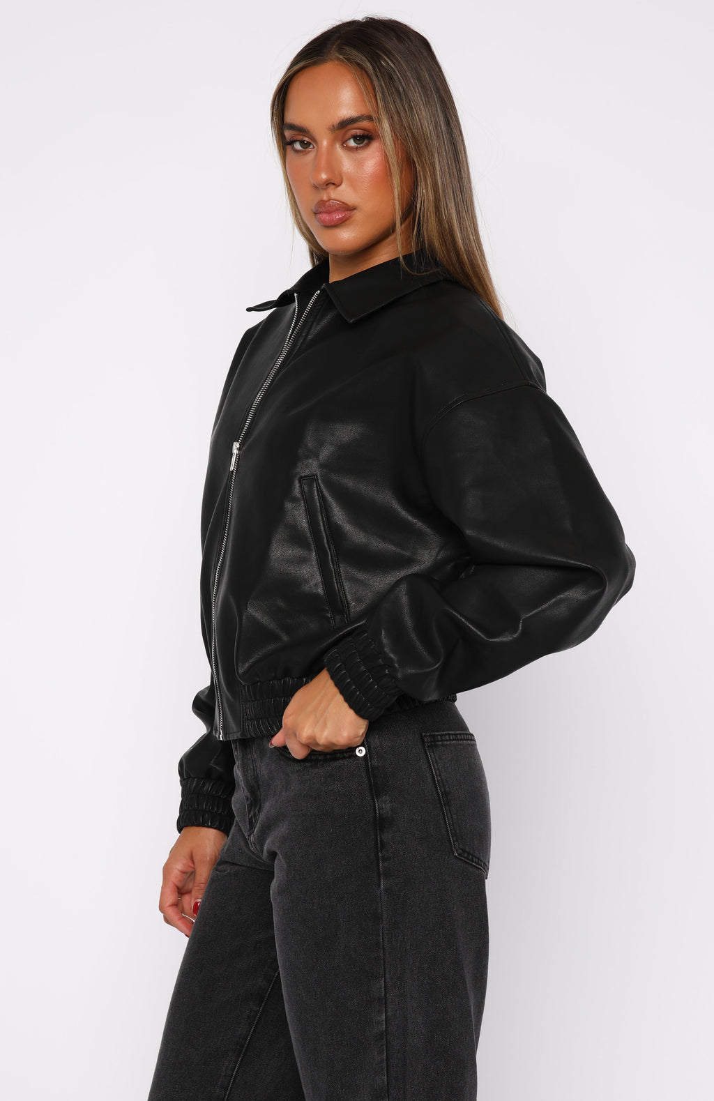 White Fox Might Cause Trouble PU Bomber Jacket Black