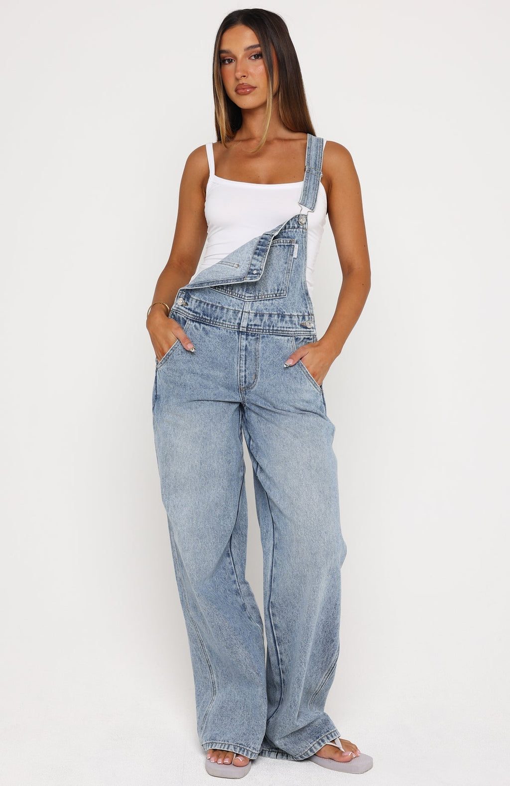 White Fox This Isn't Working Denim Overall Jumpsuit Vintage Ice Blue