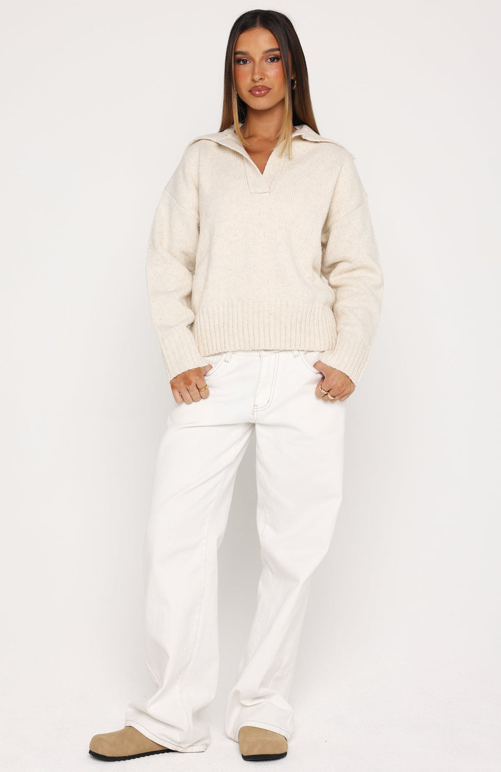 White Fox Chrissy Knit Sweater Oat Marle
