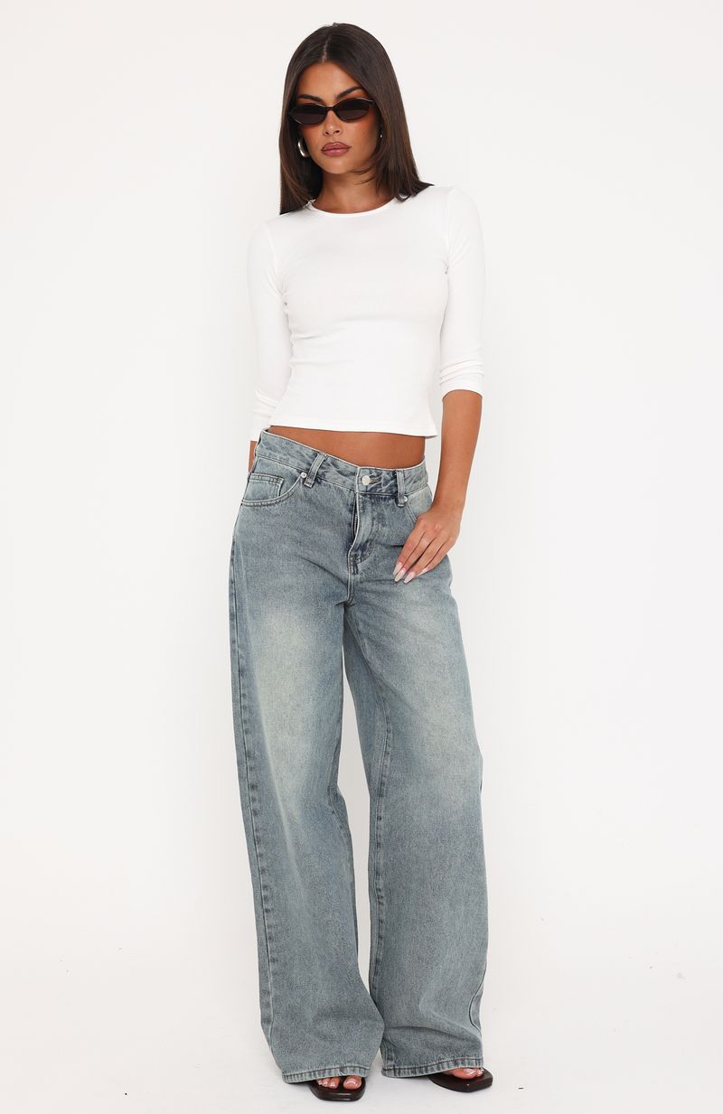 White Fox Just My Type Mid Rise Wide Leg Jeans Sand Wash