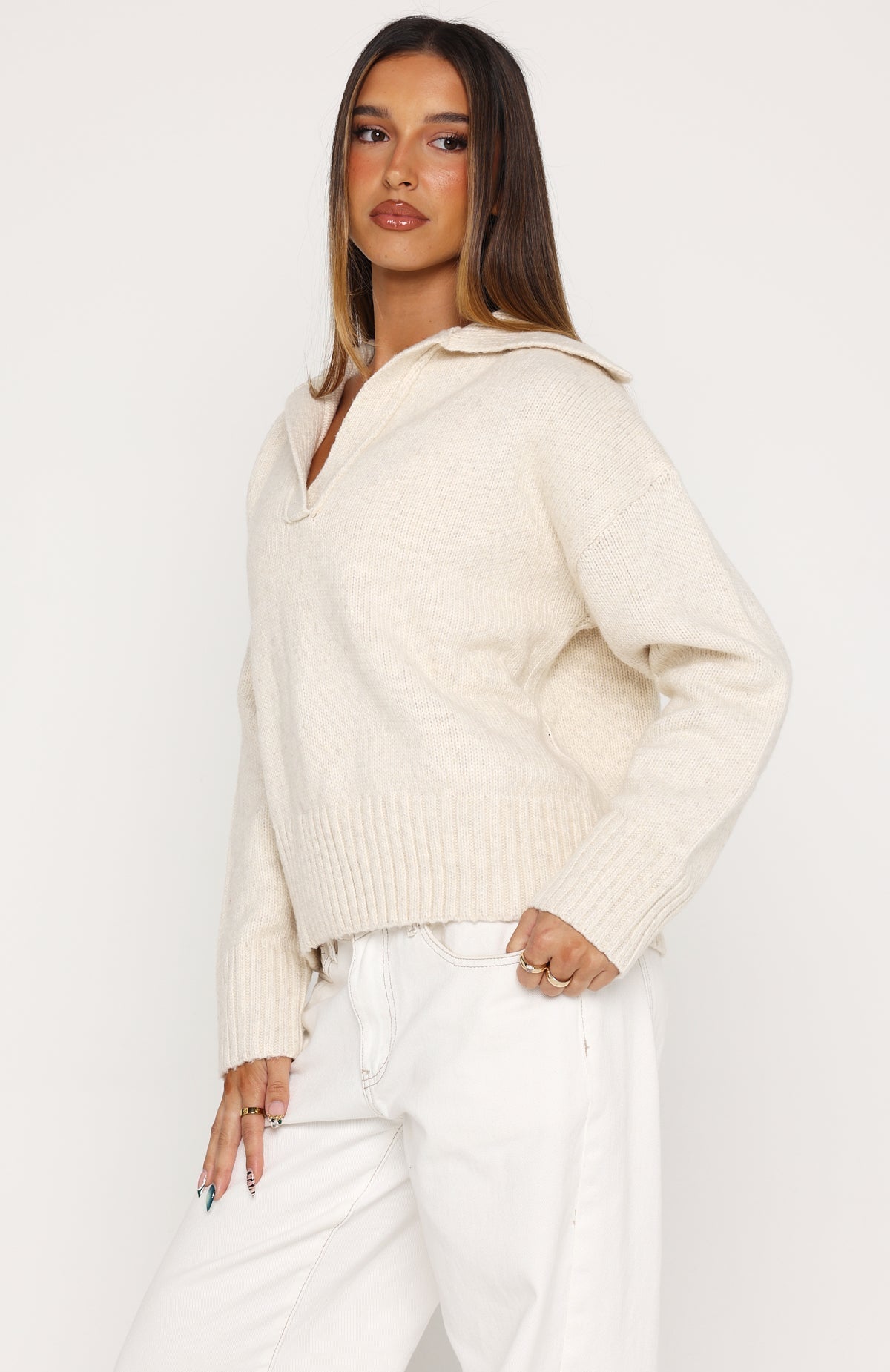 White Fox Chrissy Knit Sweater Oat Marle