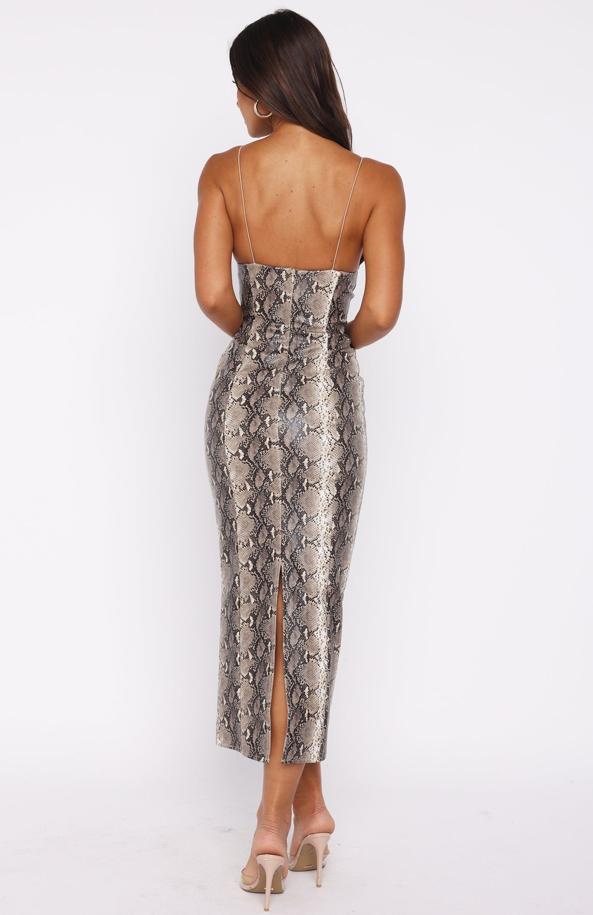 White Fox She's A Queen PU Midi Dress Tan Snake