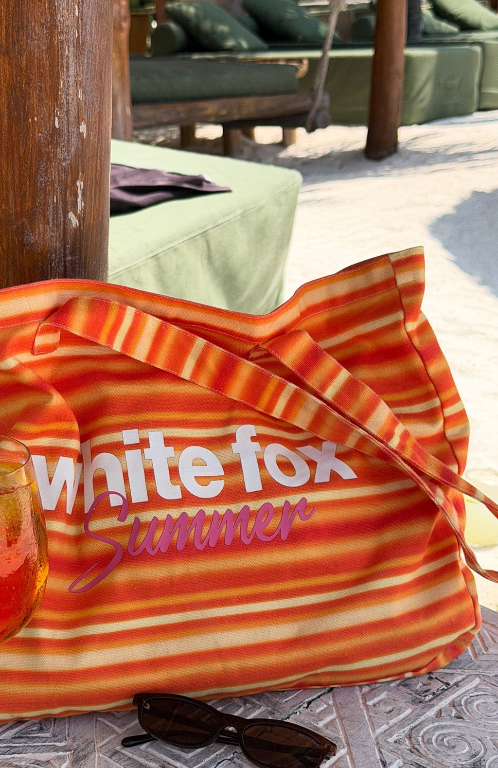 White Fox Sunny Sunset Tote Bag Sun Stripe Orange