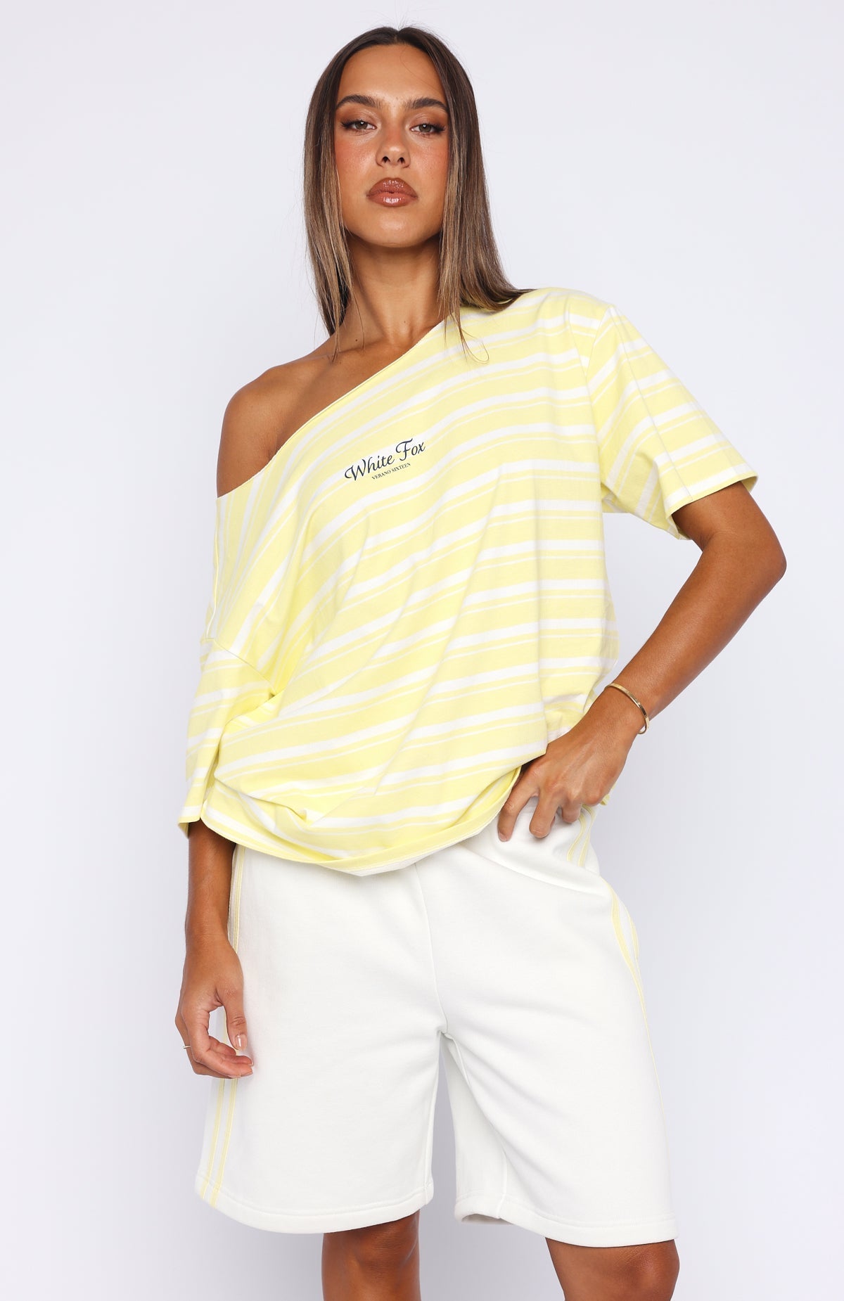 White Fox Verano Sixteen Magnolia Off Shoulder Oversized Tee Lemon/White Stripe