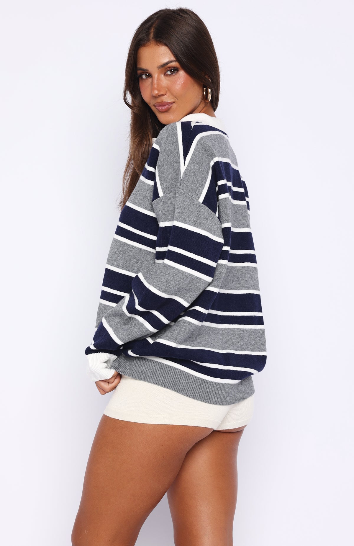 White Fox Soft Rewind Knit Sweater Navy Drift Stripe