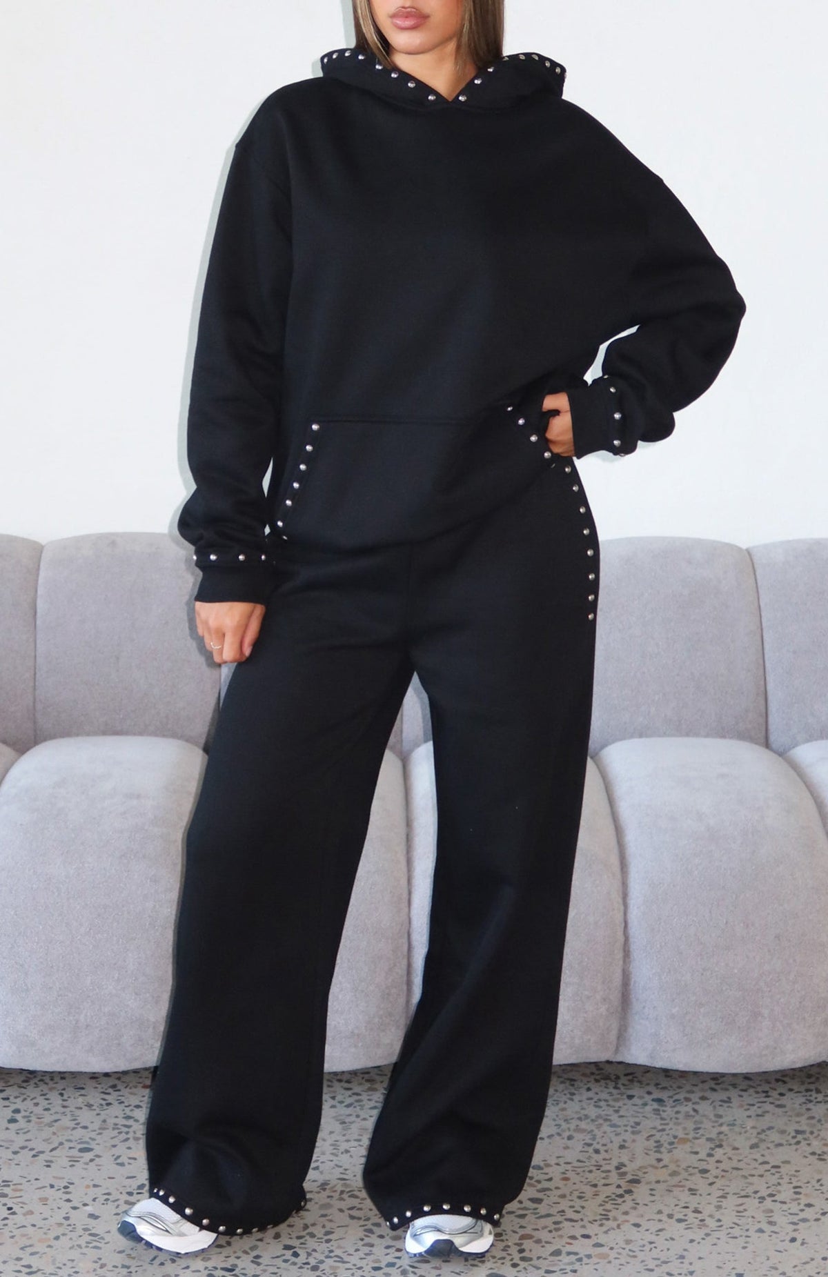 White Fox Glow Your Own Way Studded Wide Leg Sweatpants Black