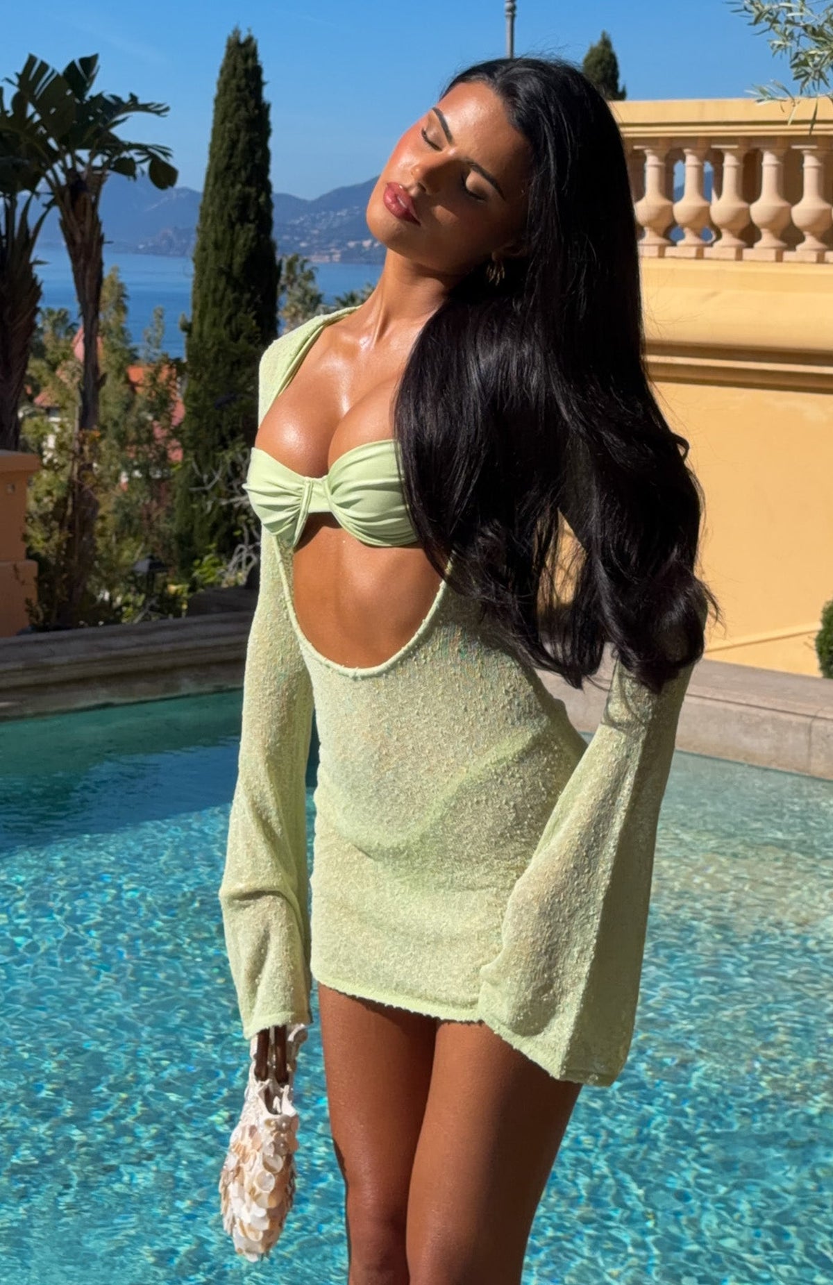 White Fox Stand And Stare Long Sleeve Mini Dress Pistachio