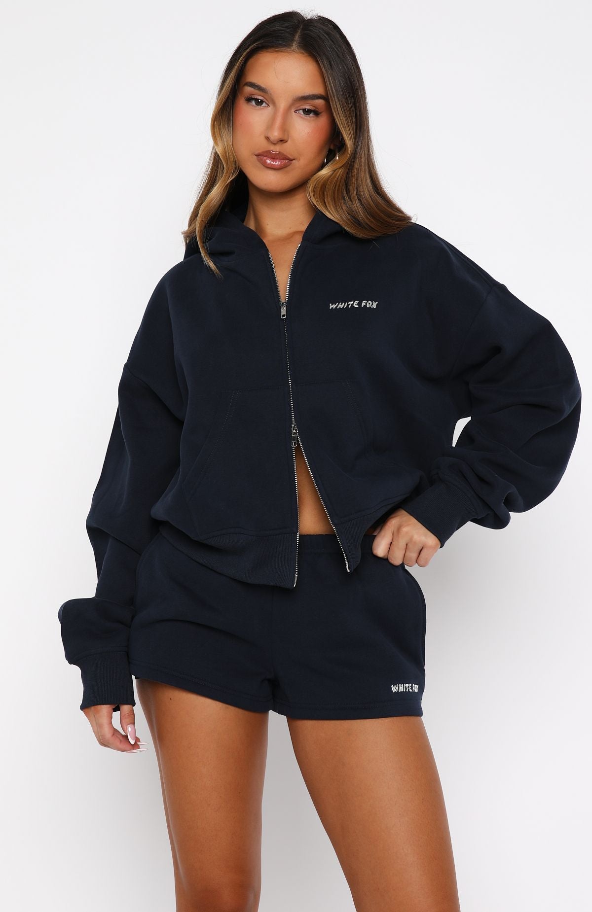 White Fox Test Drive Boxy Zip Front Hoodie Dark Navy