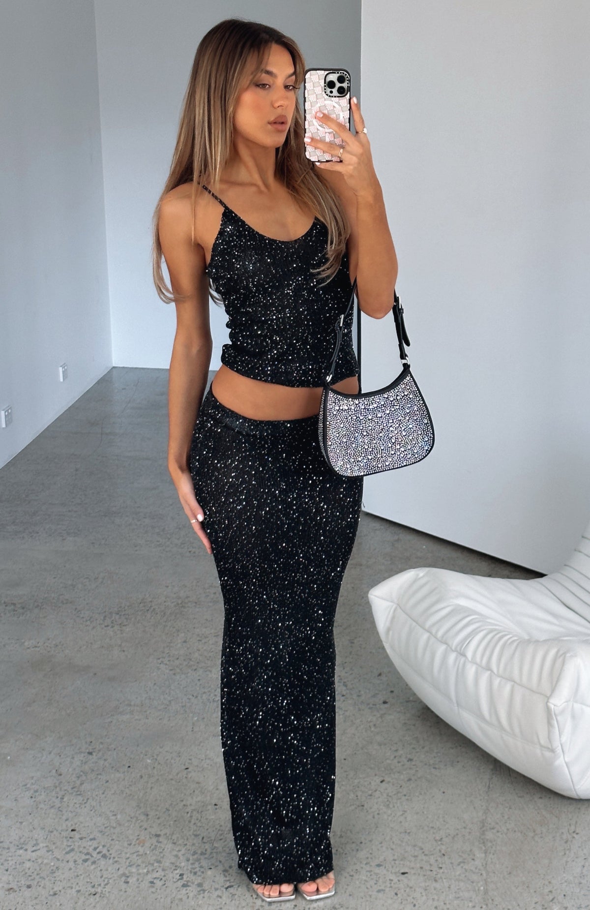 White Fox Star Shining Sequin Knit Maxi Skirt Black