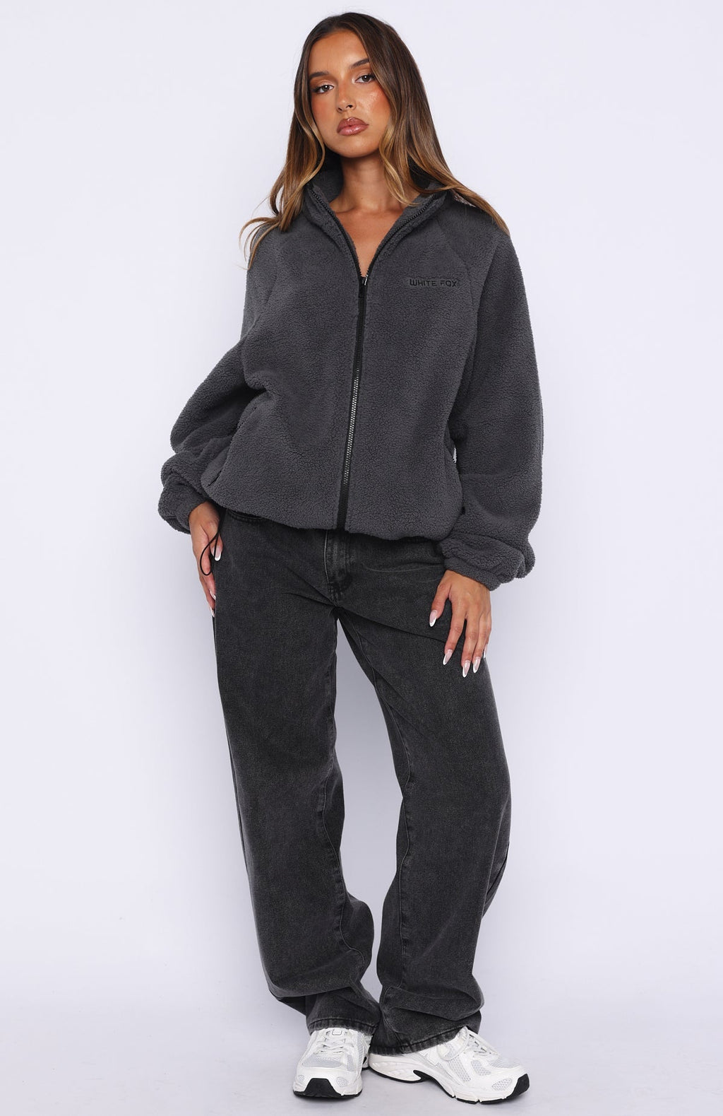White Fox Calm Before The Storm Zip Front Fleece Sweater Charcoal