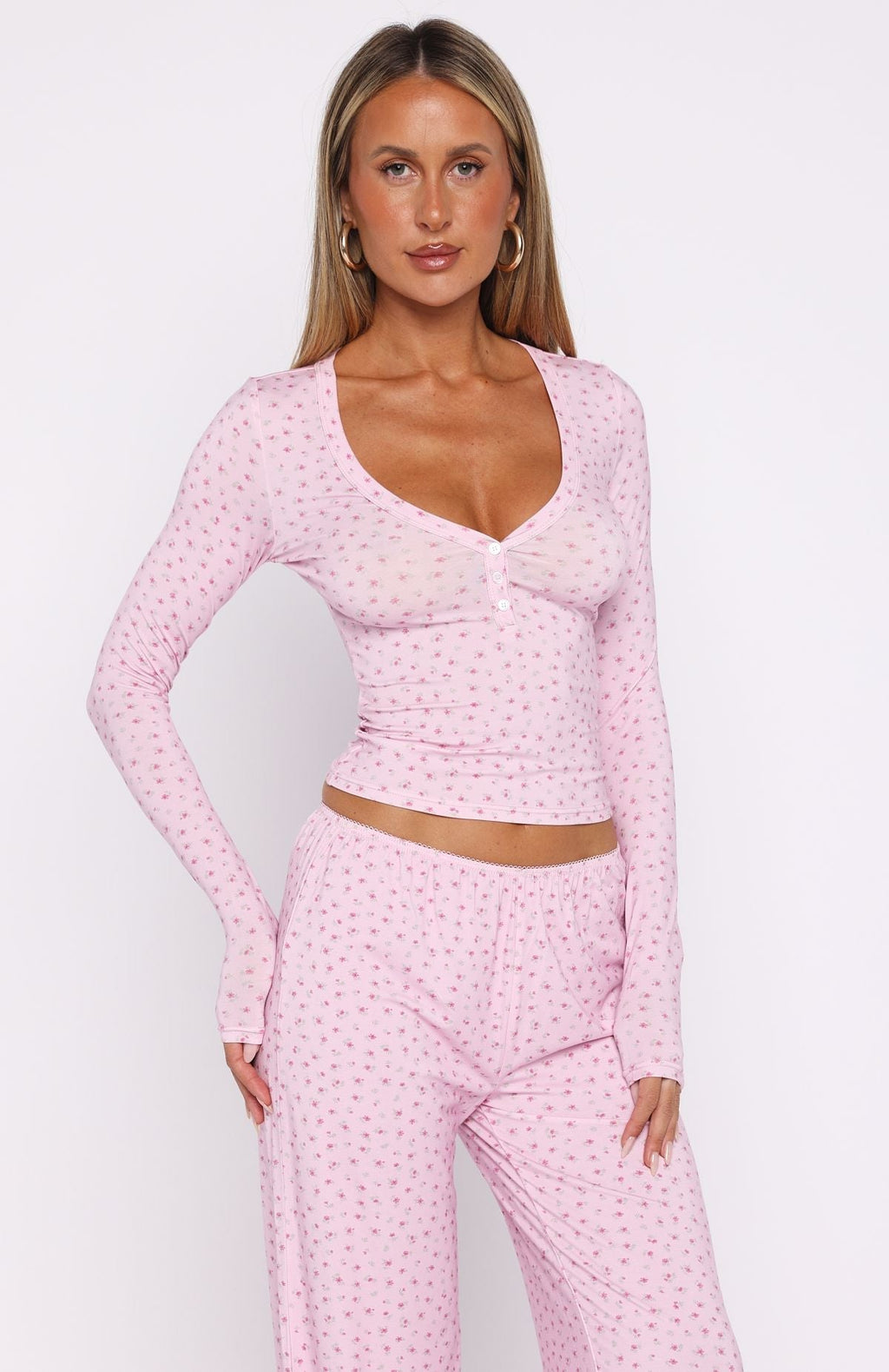 White Fox Dreamy Button Up Long Sleeve Pyjama Top Sugar Blossom