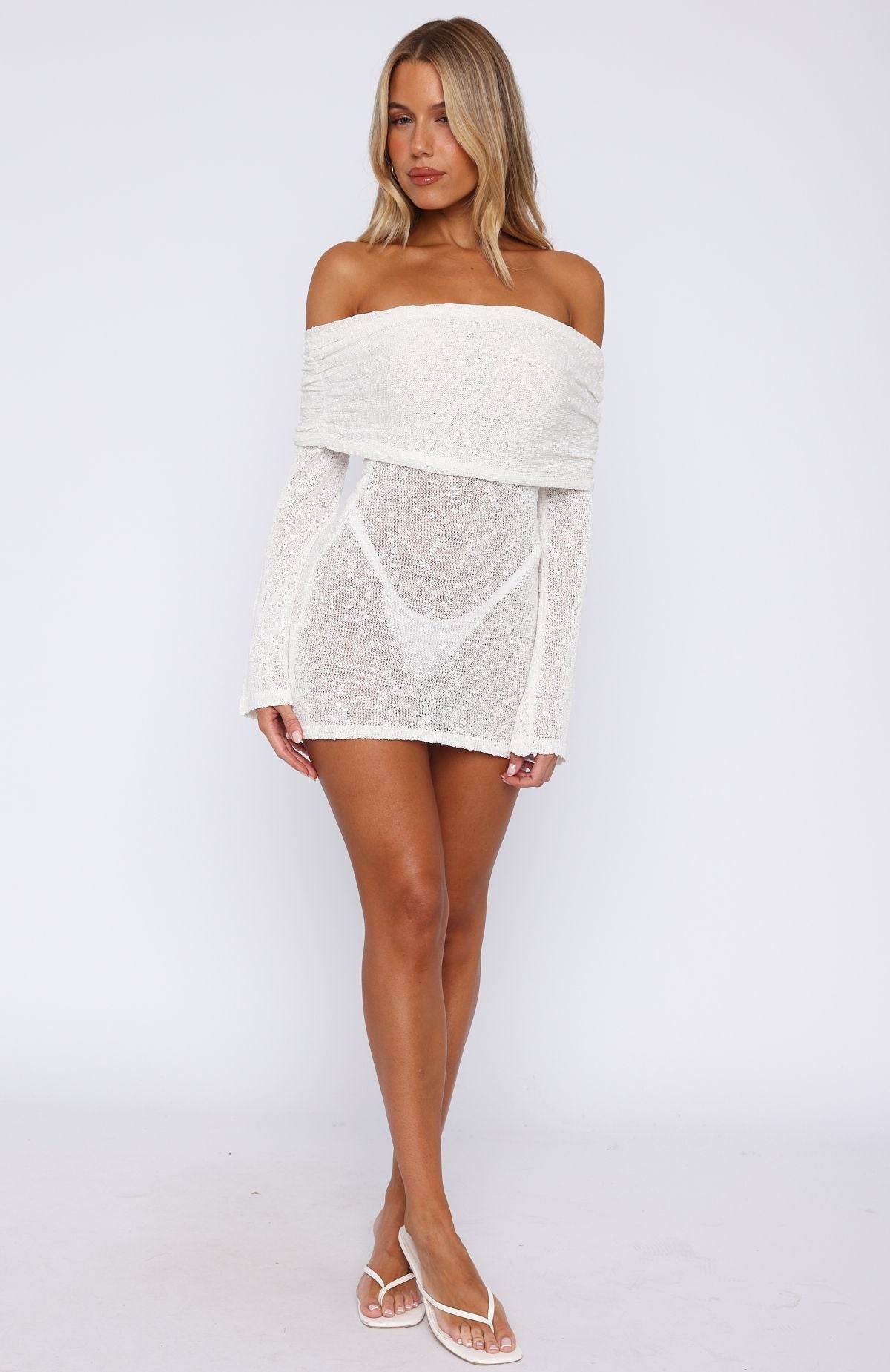 White Fox Can't Leave Me Long Sleeve Boucle Mini Dress White