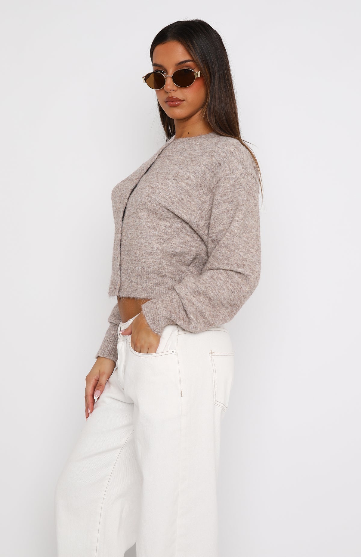 White Fox Warm Whispers Knit Cardigan Taupe