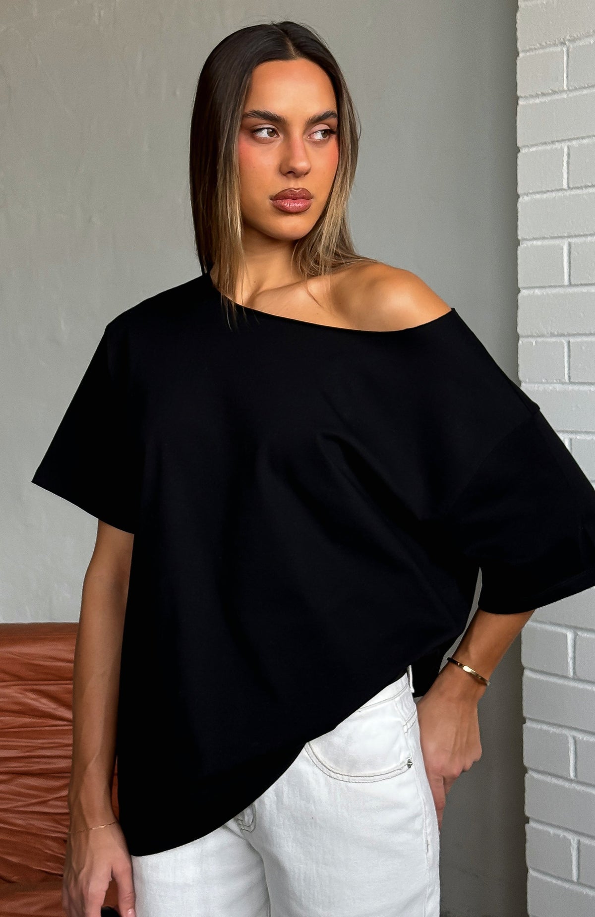 White Fox Give Me Options Off Shoulder Tee Black