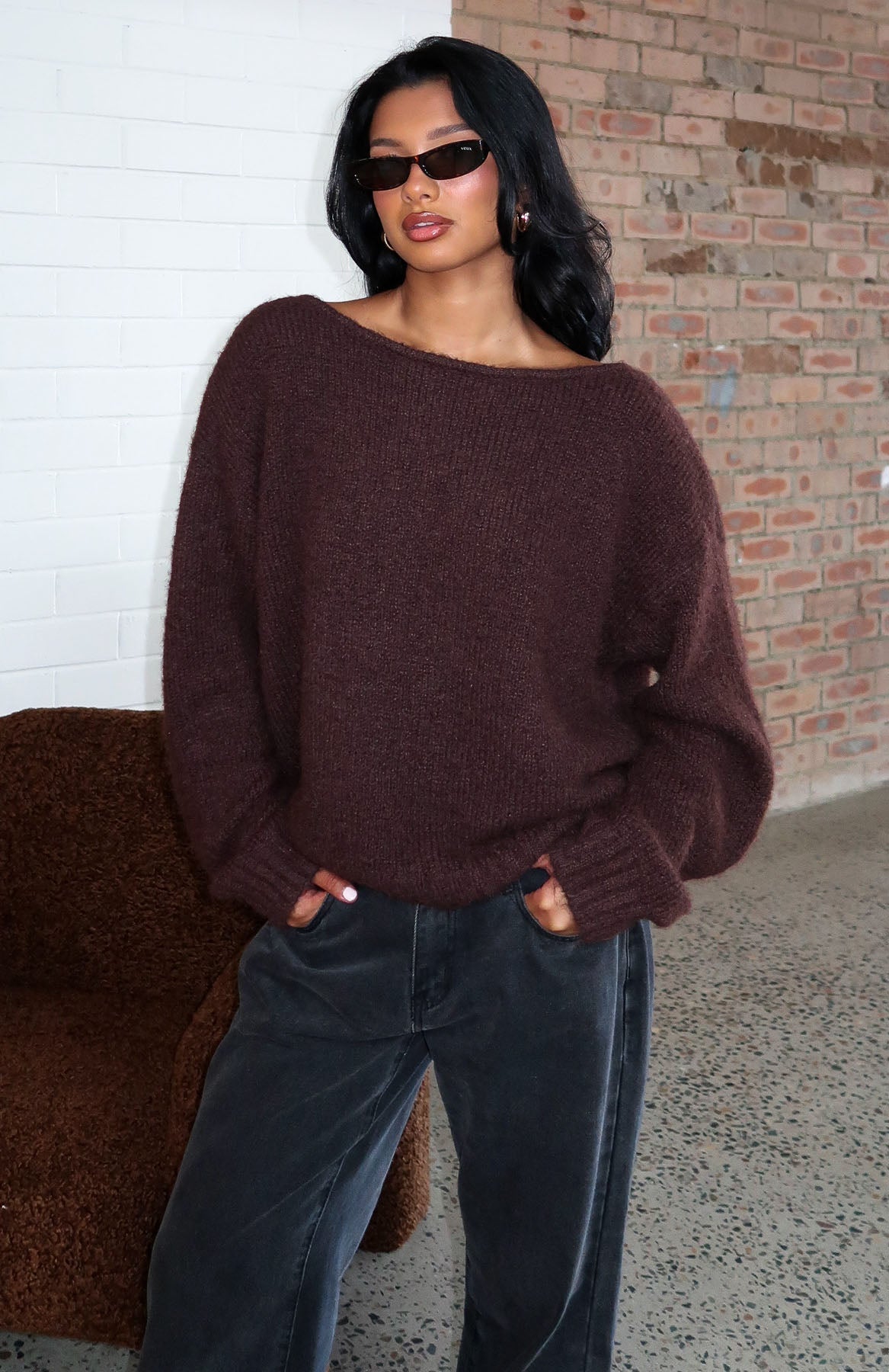 White Fox Softer Love Knit Sweater Chocolate