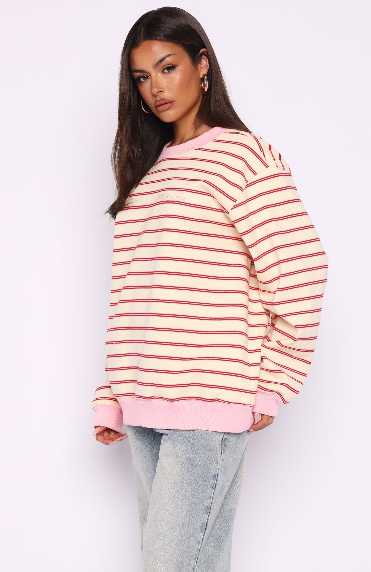 White Fox Happy Go Lucky Oversized Sweater Cream/Red Stripe