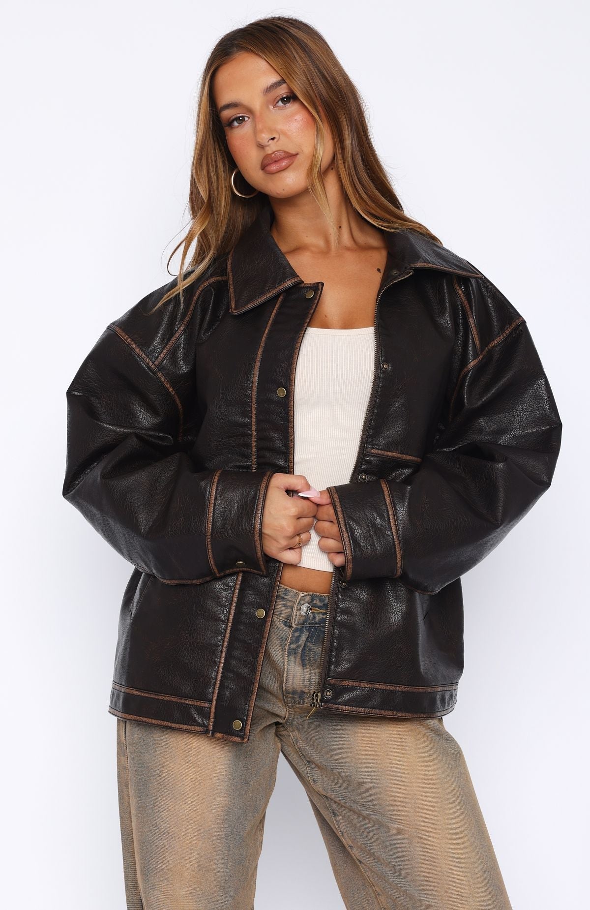 White Fox A London Girl PU Jacket Washed Chocolate