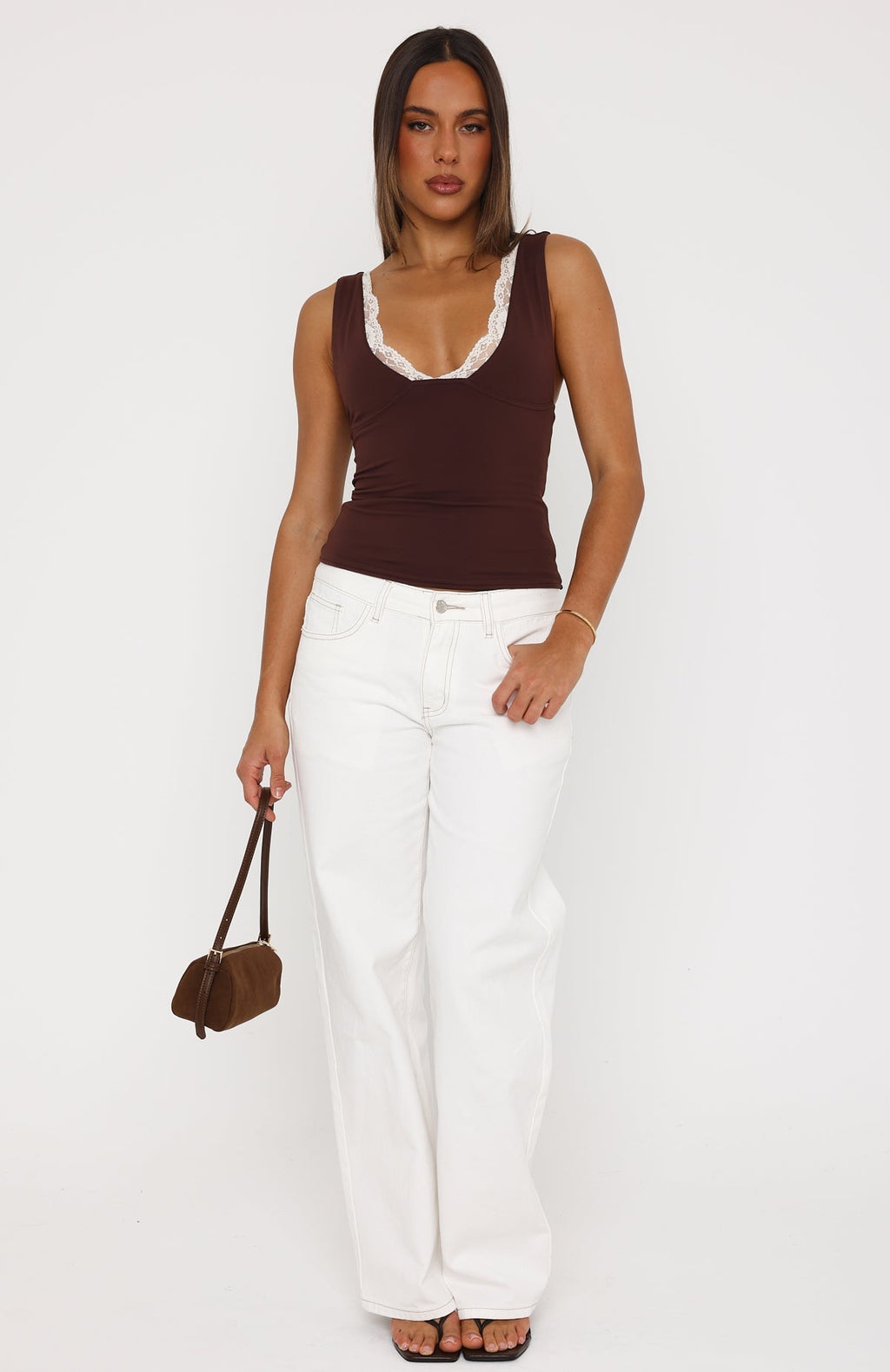 White Fox Key To My Heart Lace Trim Top Chocolate/Cream
