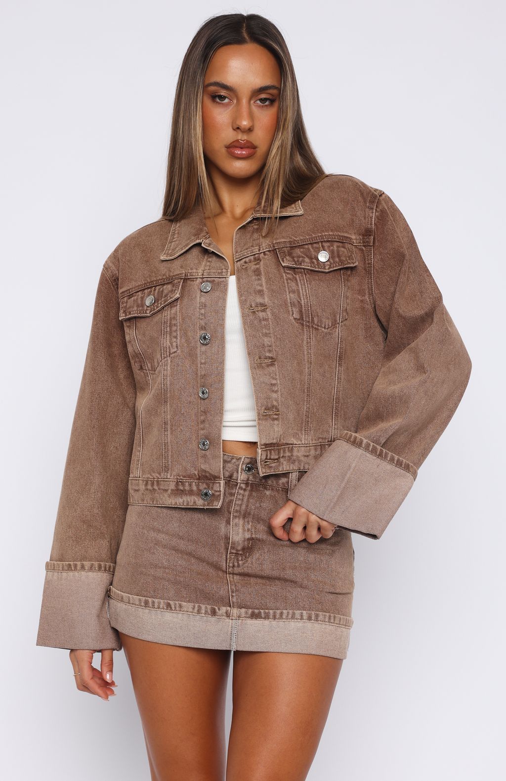 White Fox Charlotte Denim Mini Skirt Tan Wash