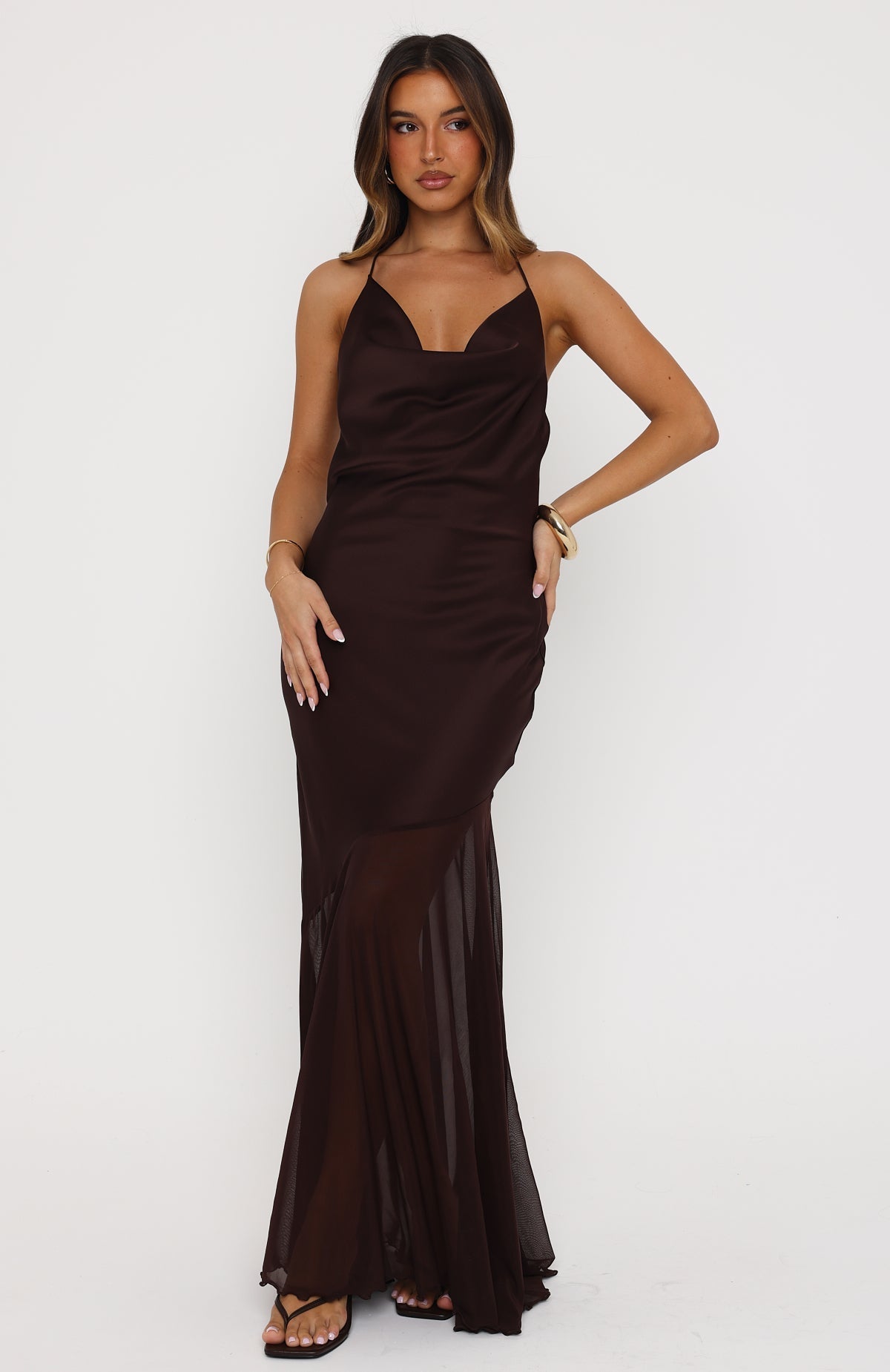 White Fox Power Pose Only Halter Maxi Dress Chocolate