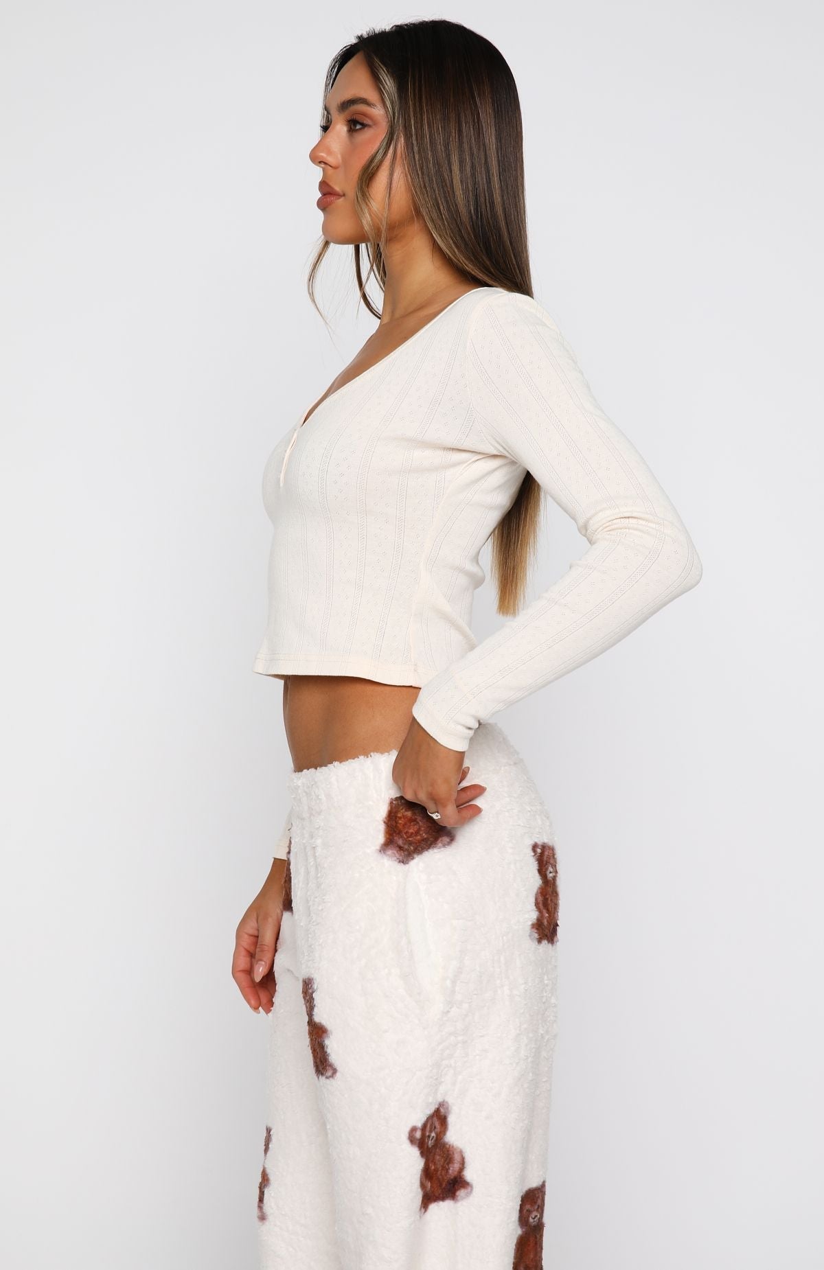 White Fox Bedtime Glow Long Sleeve Pyjama Top Cream