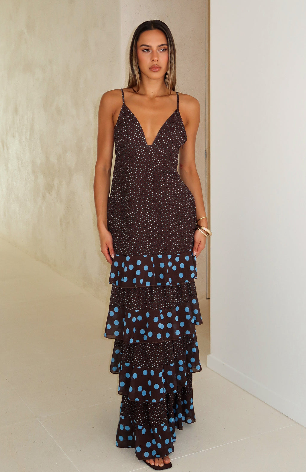 White Fox Princess Maxi Dress Chocolate/Blue Polka Dot