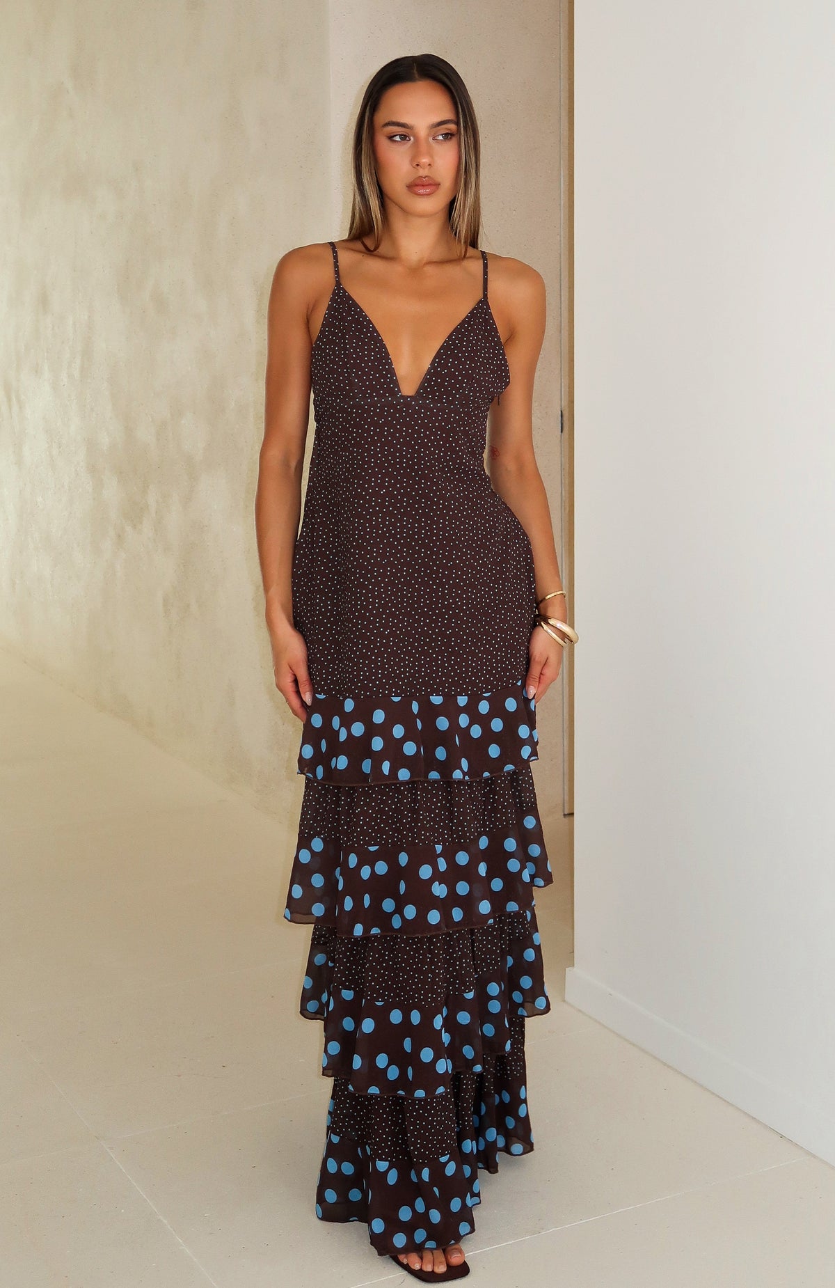 White Fox Princess Maxi Dress Chocolate/Blue Polka Dot