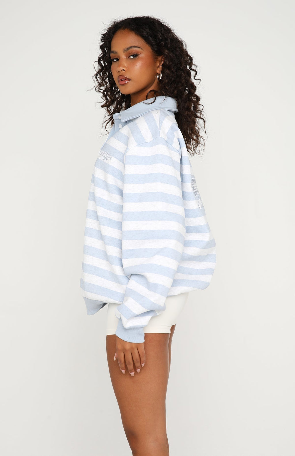 White Fox Best Influence Oversized Henley Sweater Grey Marle / Blue Stripe