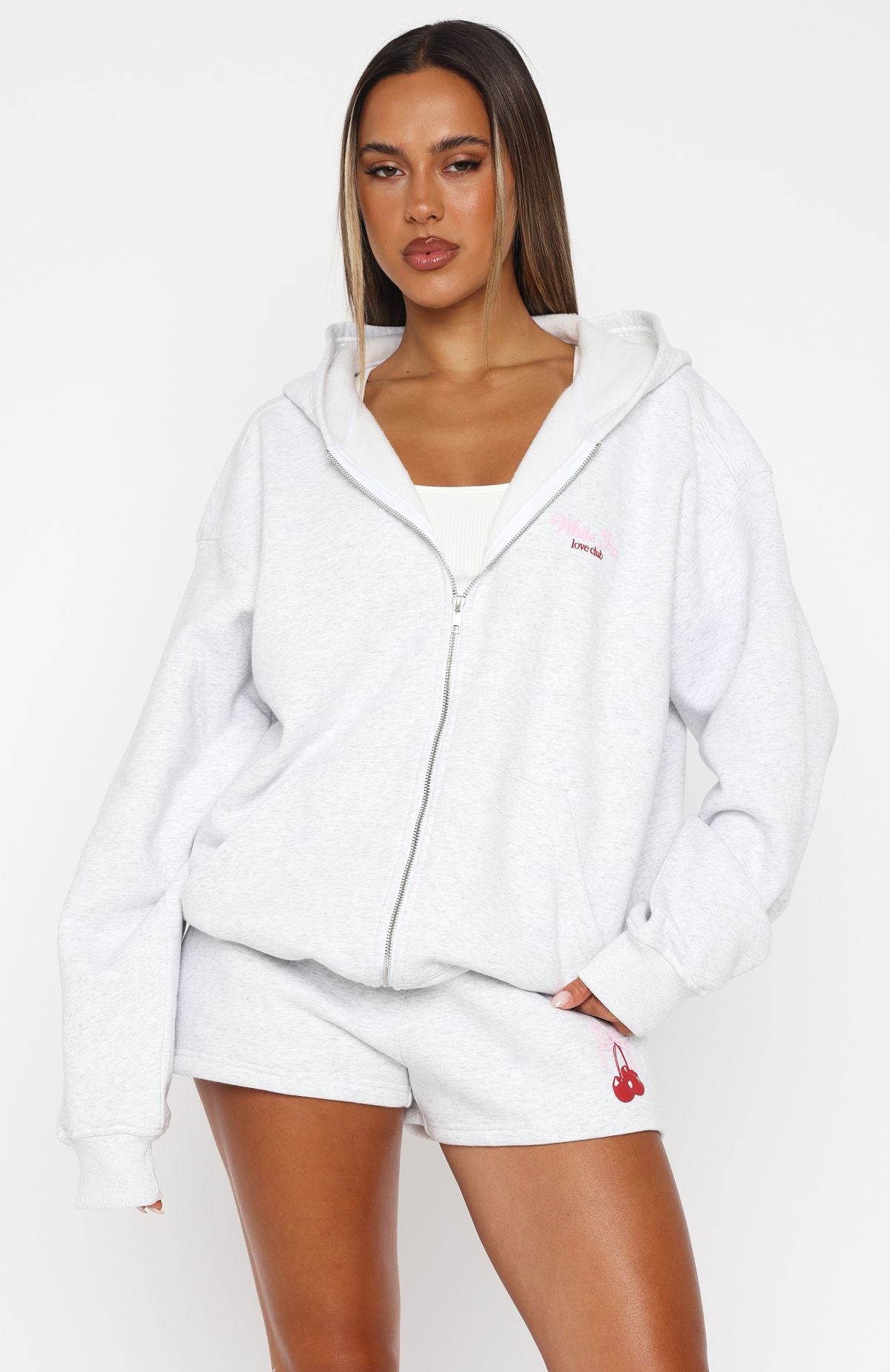 White Fox Fell So Hard Zip Front Hoodie Grey Marle