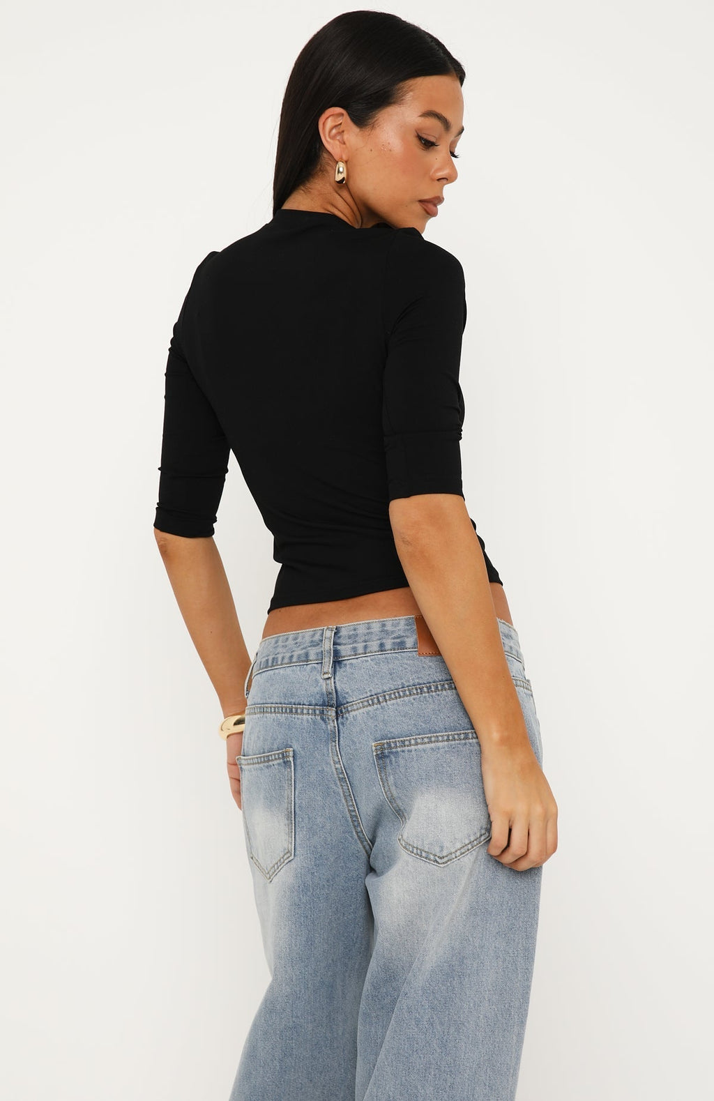 White Fox Easy To Admire V Neck 3/4 Sleeve Top Black